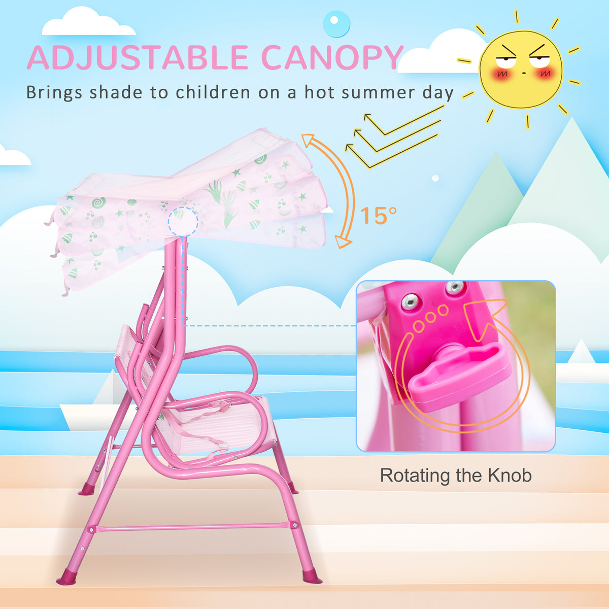 2-Seat Kids Porch Swing Chair with Canopy - Pink, 3-6 Years-Toys & Games > Kids Outdoor Play > Gym Sets & Swings-DECOROLALA