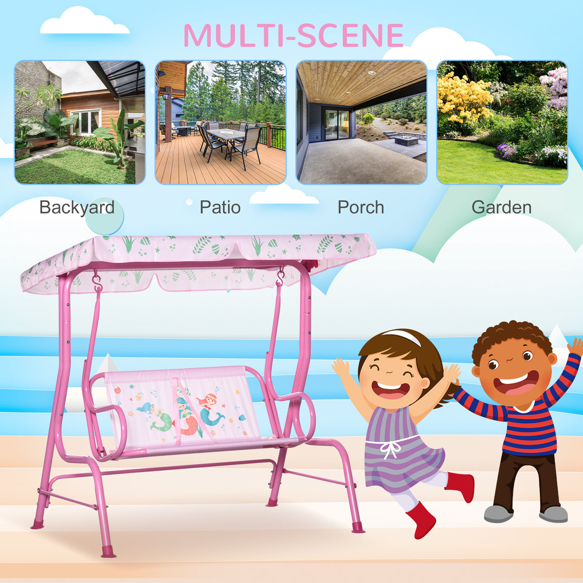 2-Seat Kids Porch Swing Chair with Canopy - Pink, 3-6 Years-Toys & Games > Kids Outdoor Play > Gym Sets & Swings-DECOROLALA
