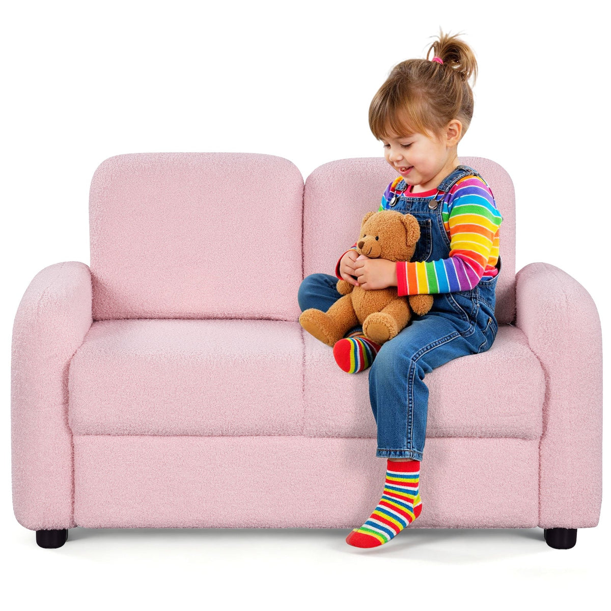 2-Seat Kids Sofa Toddler Sofa Couch with Soft Teddy Fleece Upholstery and Solid Wooden Frame-Pink-Kids Chairs-DECOROLALA