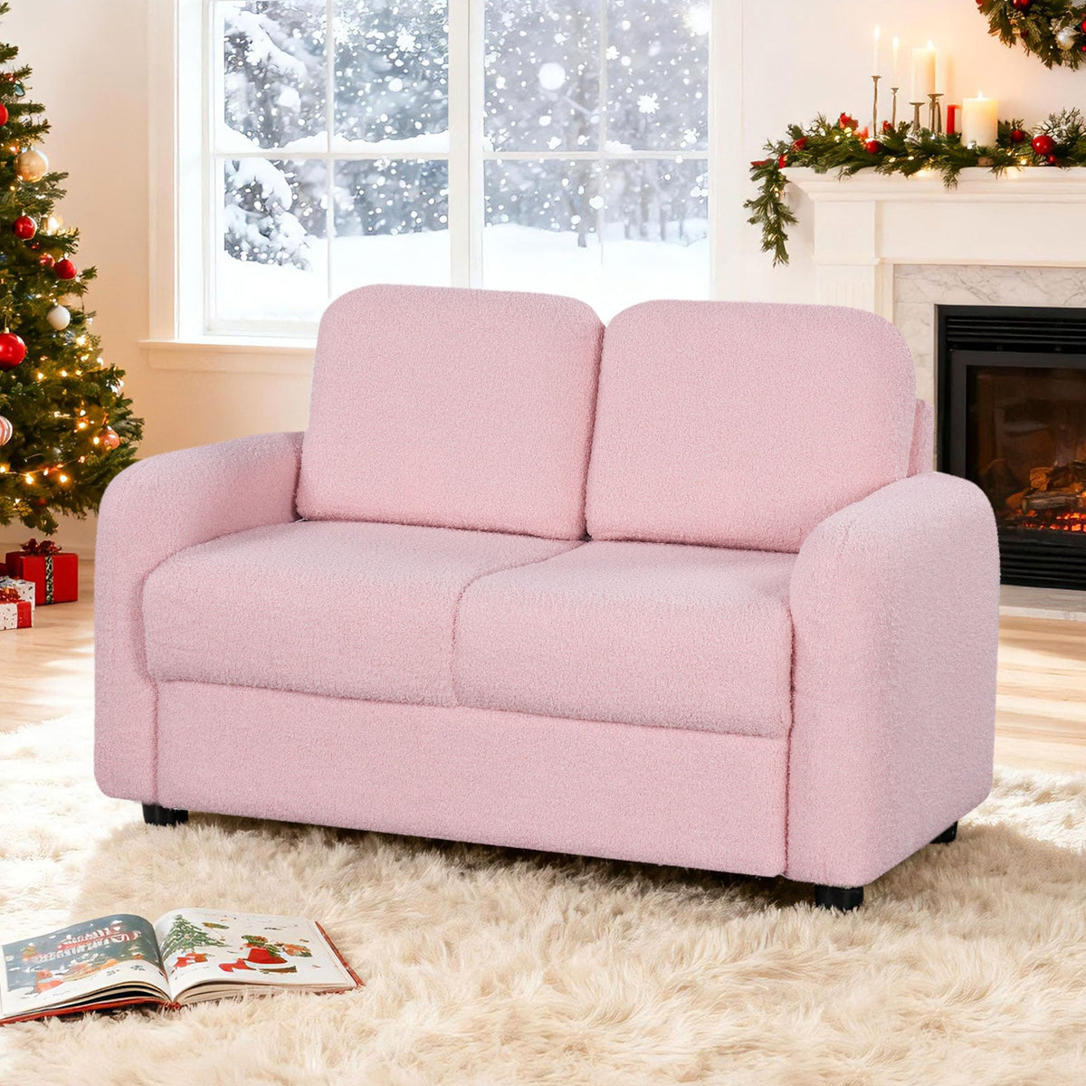 2-Seat Kids Sofa Toddler Sofa Couch with Soft Teddy Fleece Upholstery and Solid Wooden Frame-Pink-Kids Chairs-DECOROLALA