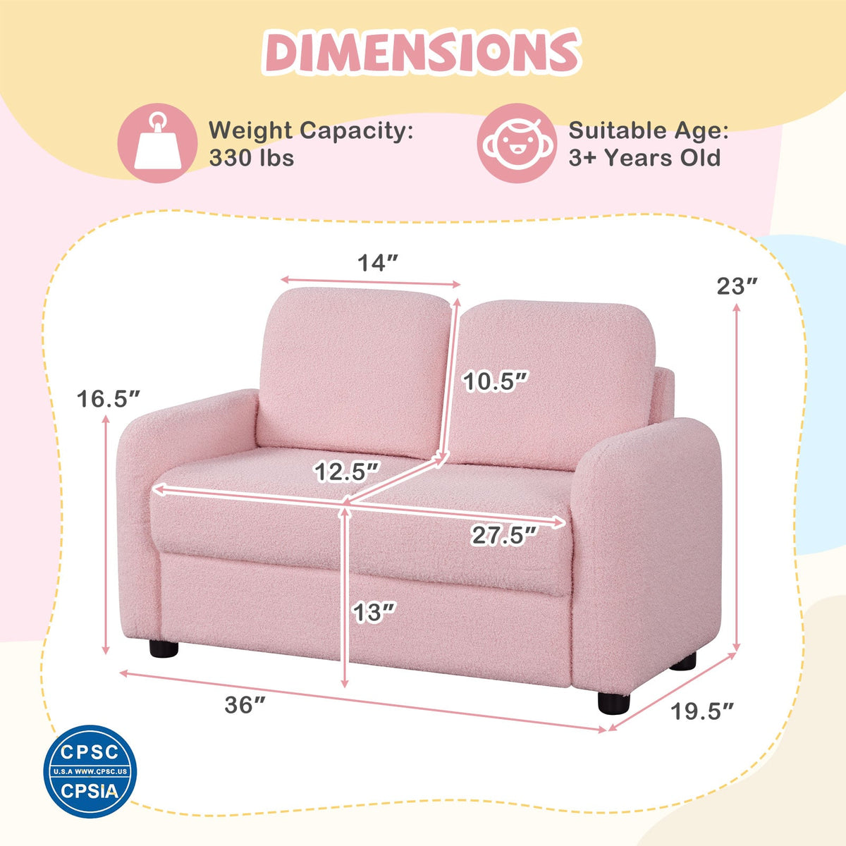 2-Seat Kids Sofa Toddler Sofa Couch with Soft Teddy Fleece Upholstery and Solid Wooden Frame-Pink-Kids Chairs-DECOROLALA