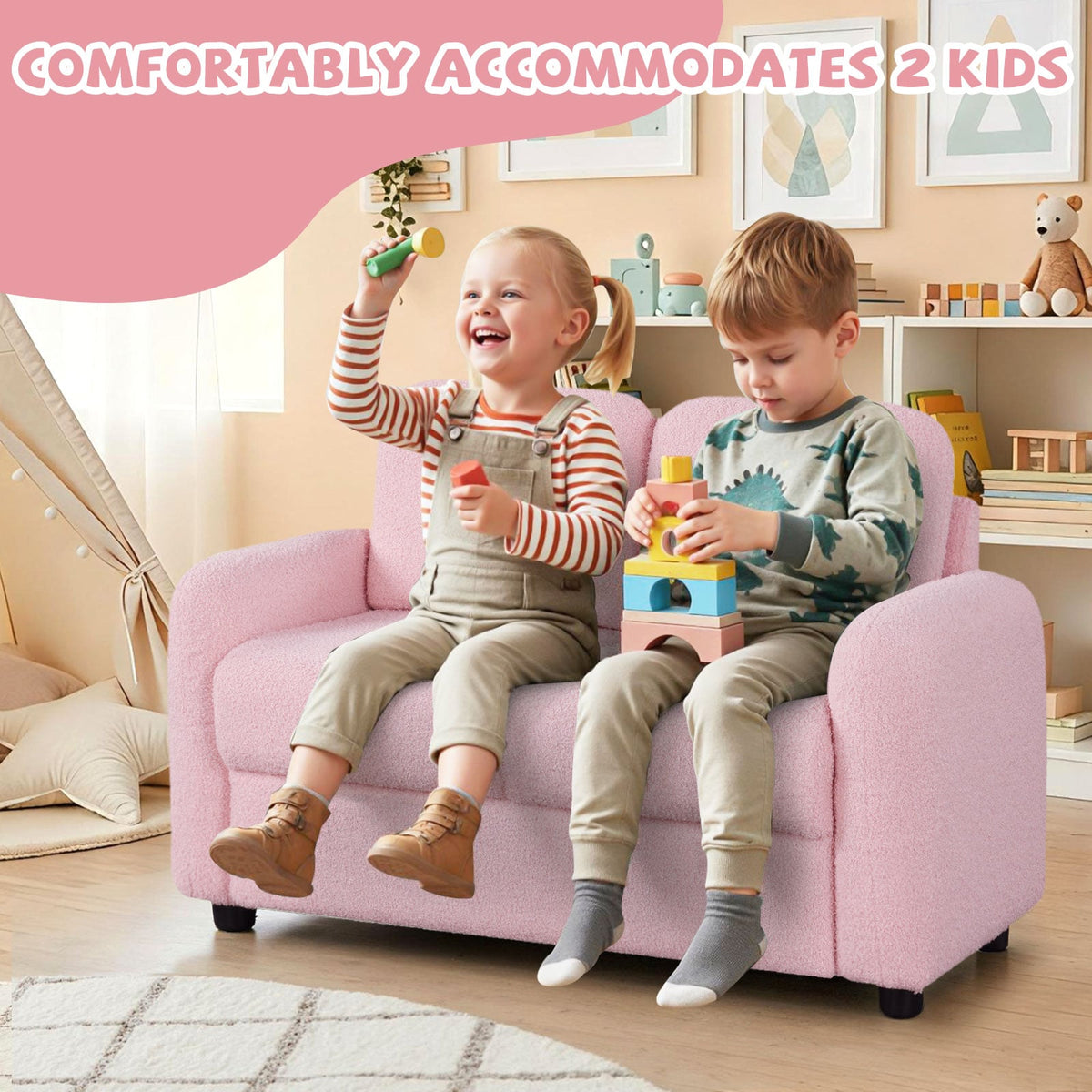 2-Seat Kids Sofa Toddler Sofa Couch with Soft Teddy Fleece Upholstery and Solid Wooden Frame-Pink-Kids Chairs-DECOROLALA