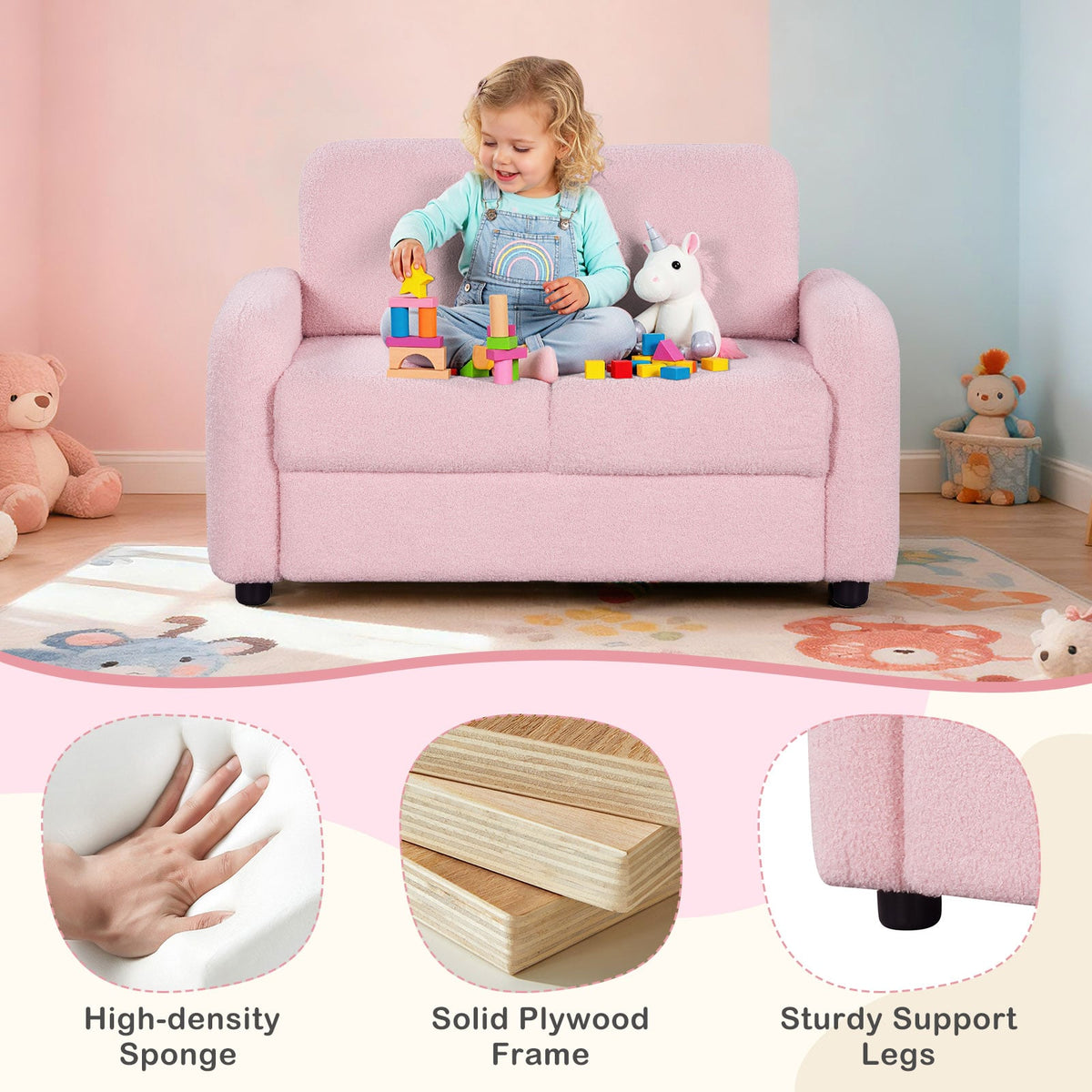 2-Seat Kids Sofa Toddler Sofa Couch with Soft Teddy Fleece Upholstery and Solid Wooden Frame-Pink-Kids Chairs-DECOROLALA