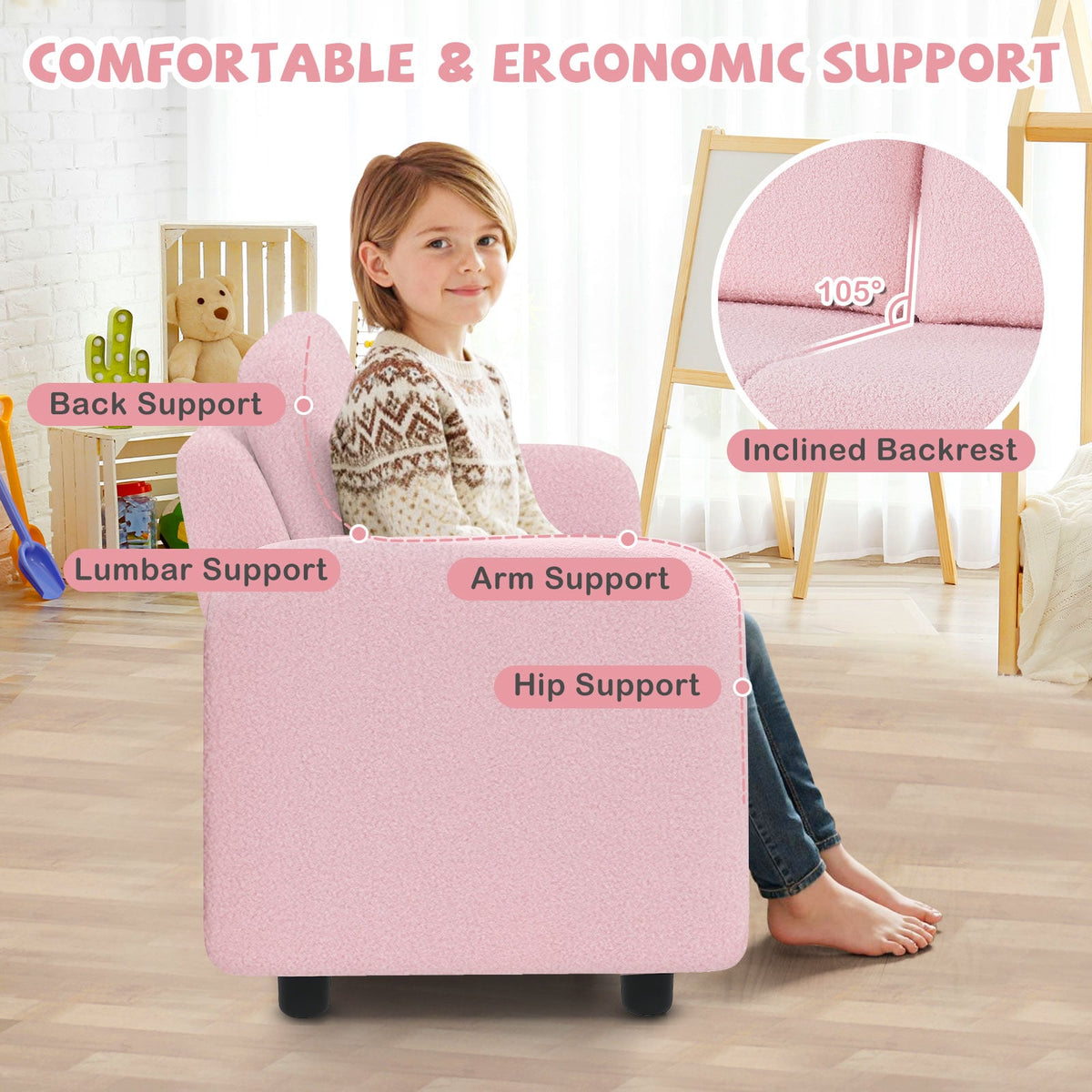 2-Seat Kids Sofa Toddler Sofa Couch with Soft Teddy Fleece Upholstery and Solid Wooden Frame-Pink-Kids Chairs-DECOROLALA