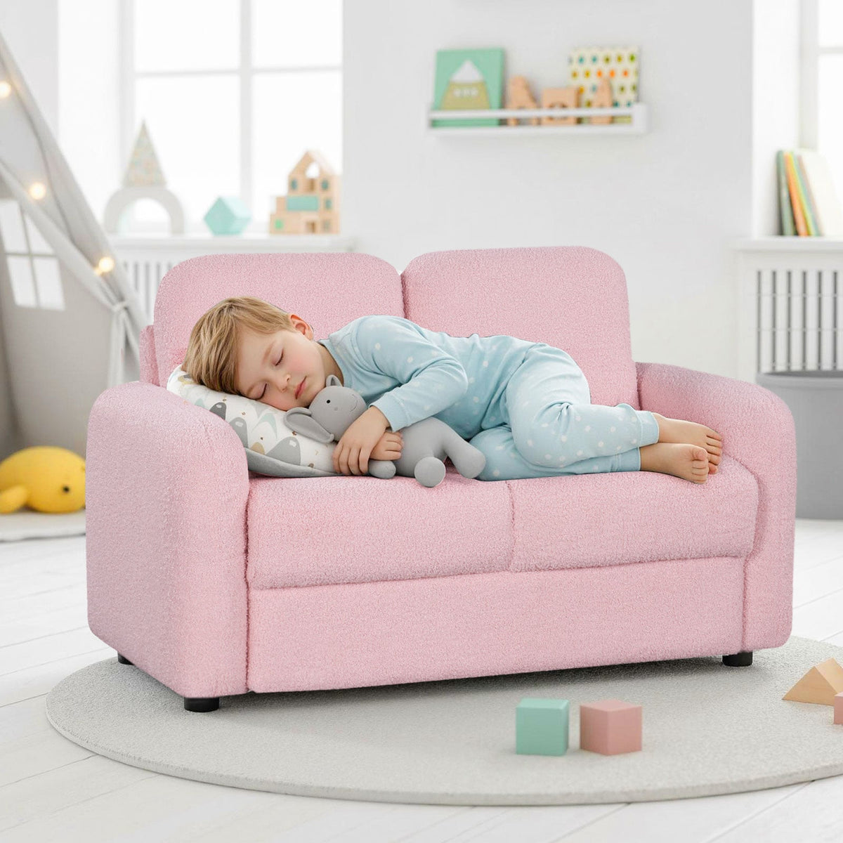 2-Seat Kids Sofa Toddler Sofa Couch with Soft Teddy Fleece Upholstery and Solid Wooden Frame-Pink-Kids Chairs-DECOROLALA