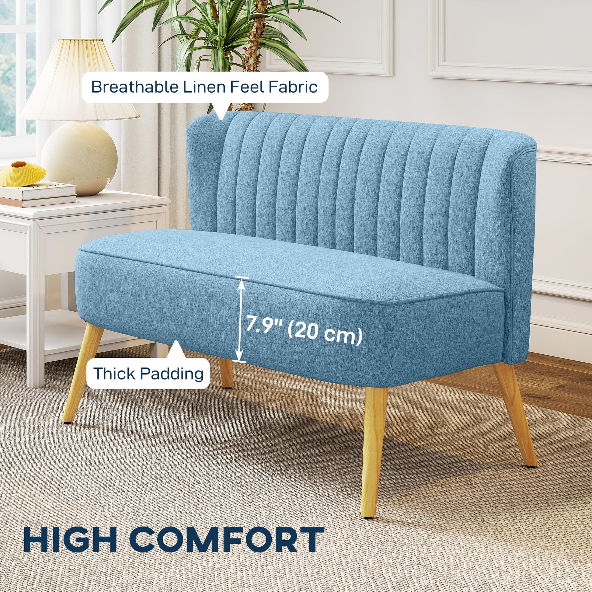 2 Seat Loveseat Sofa - Blue Linen 46.1"W-DECOROLALA