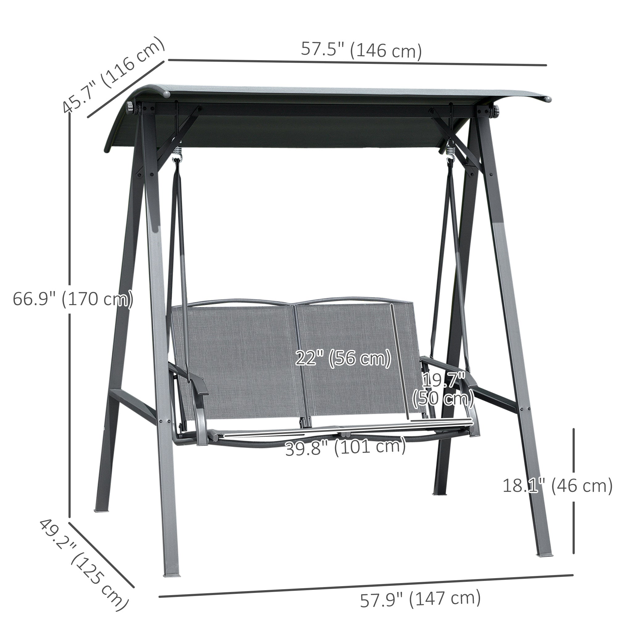 2-Seat Patio Swing - Dark Grey Adjustable Canopy-DECOROLALA