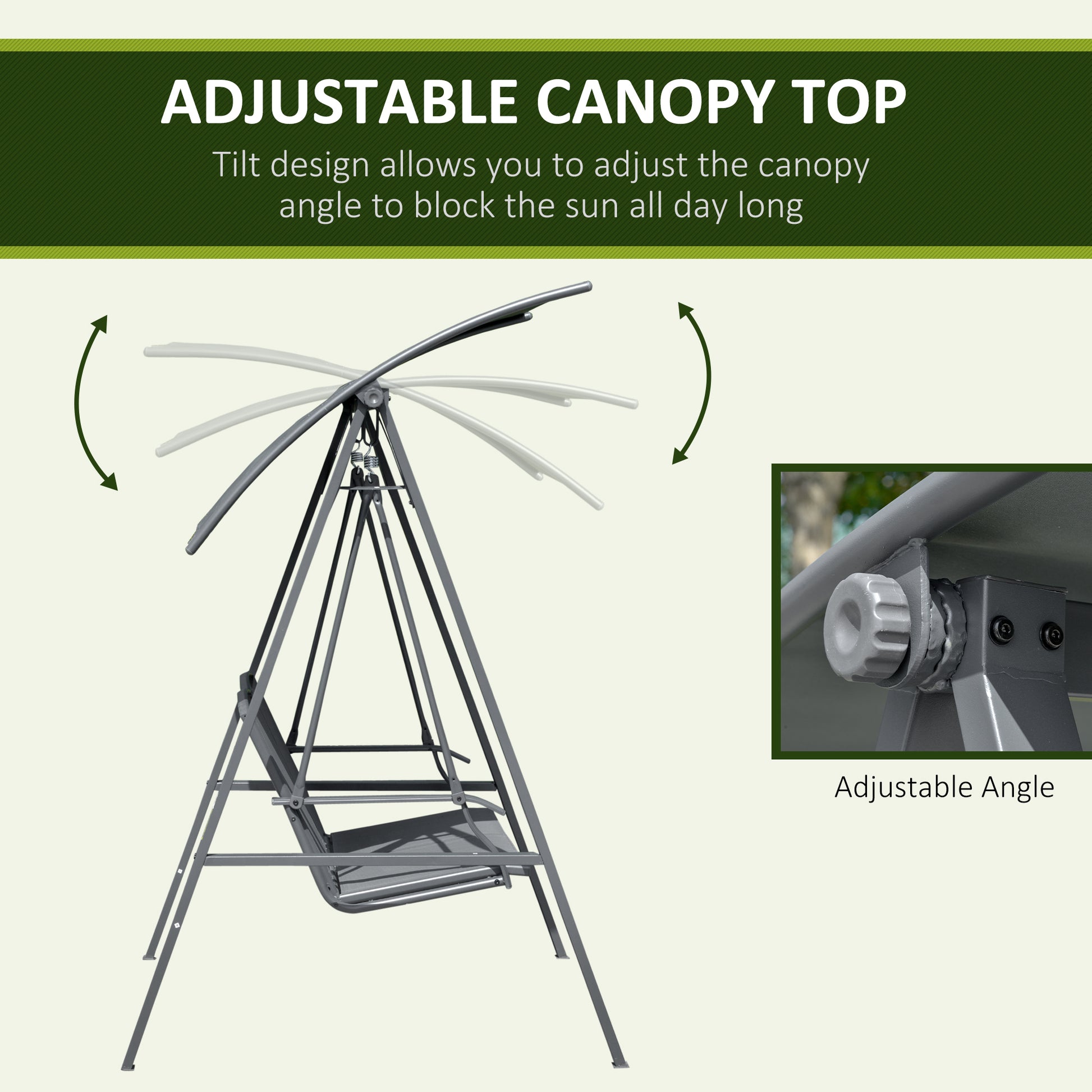 2-Seat Patio Swing - Dark Grey Adjustable Canopy-DECOROLALA
