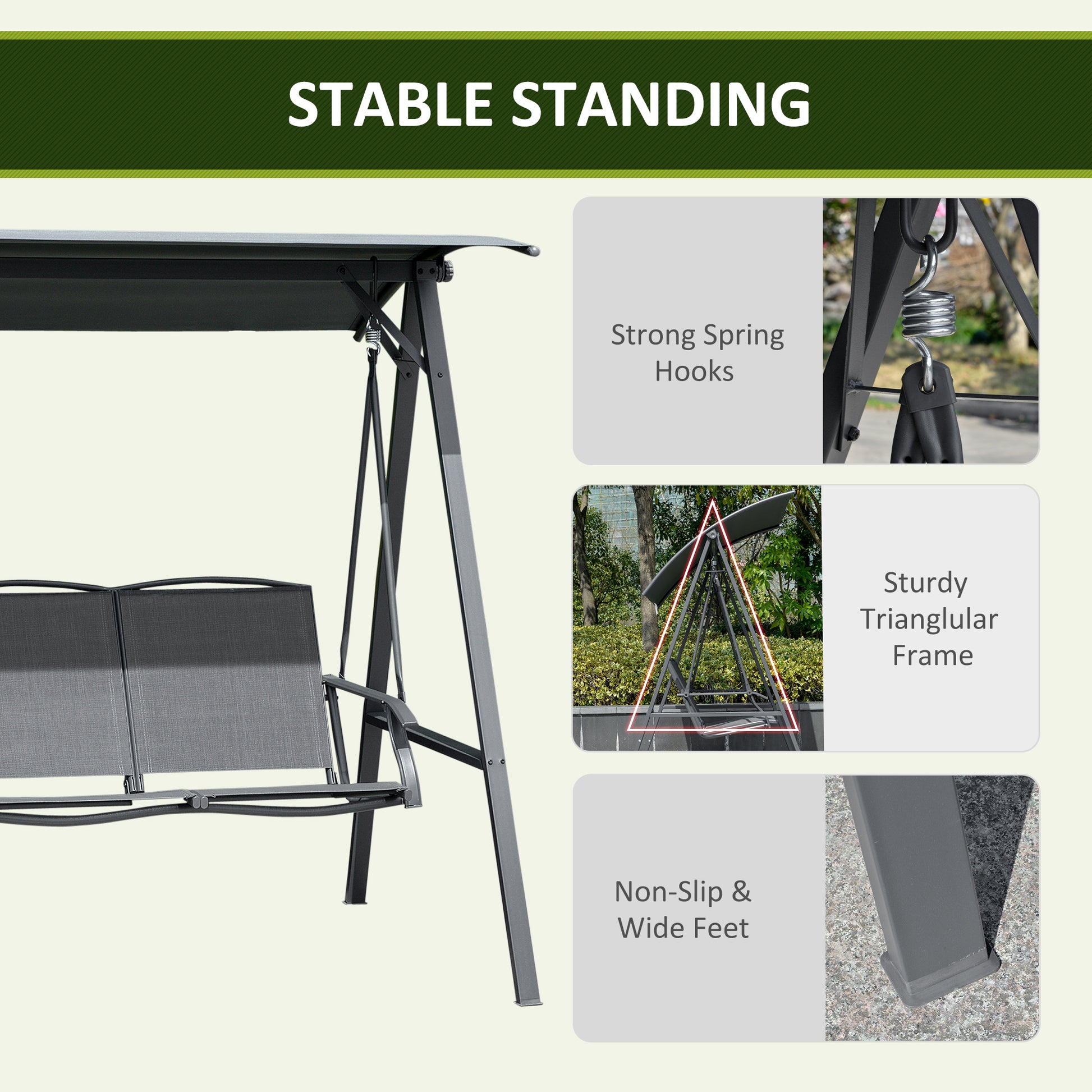 2-Seat Patio Swing - Dark Grey Adjustable Canopy-DECOROLALA