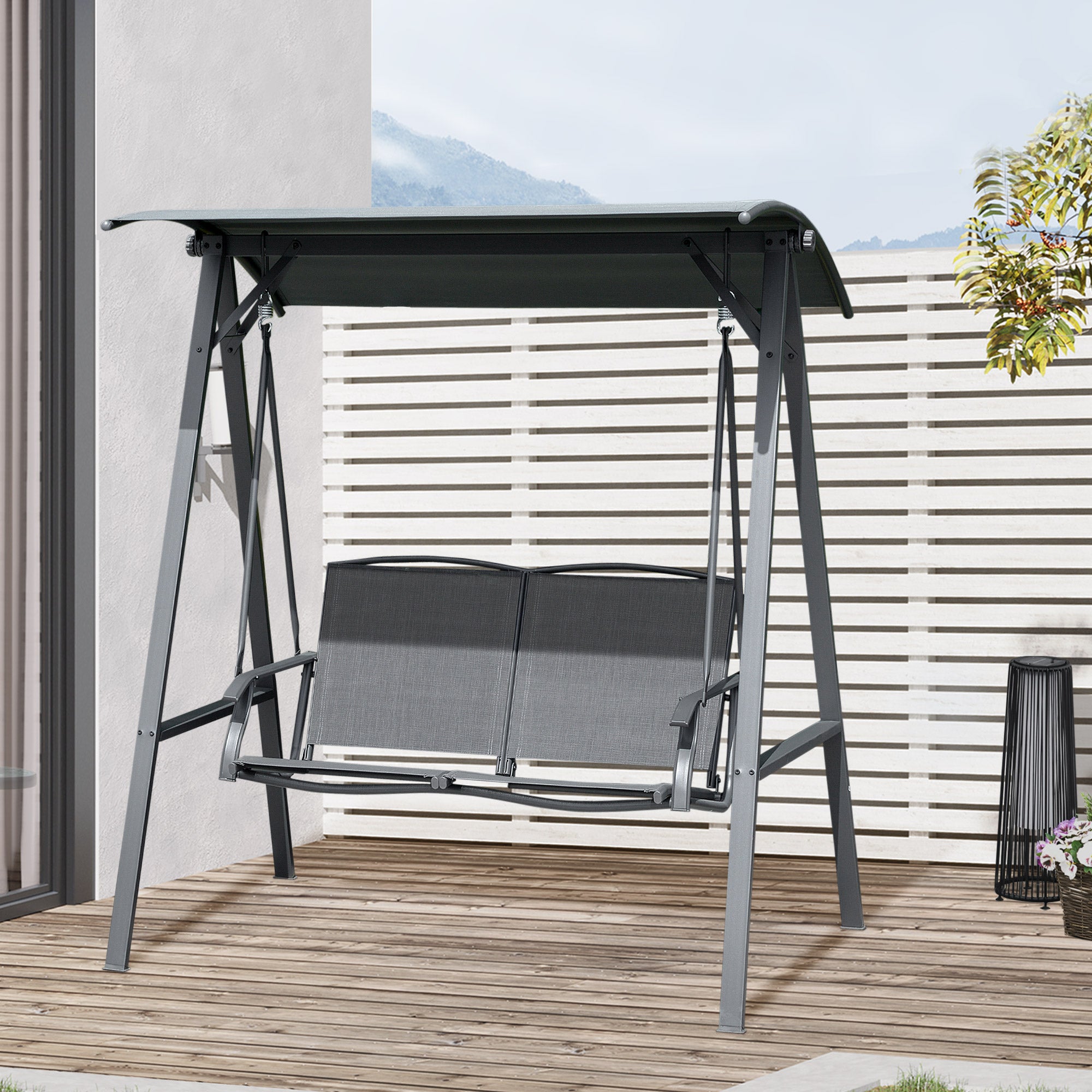 2-Seat Patio Swing - Dark Grey Adjustable Canopy-DECOROLALA