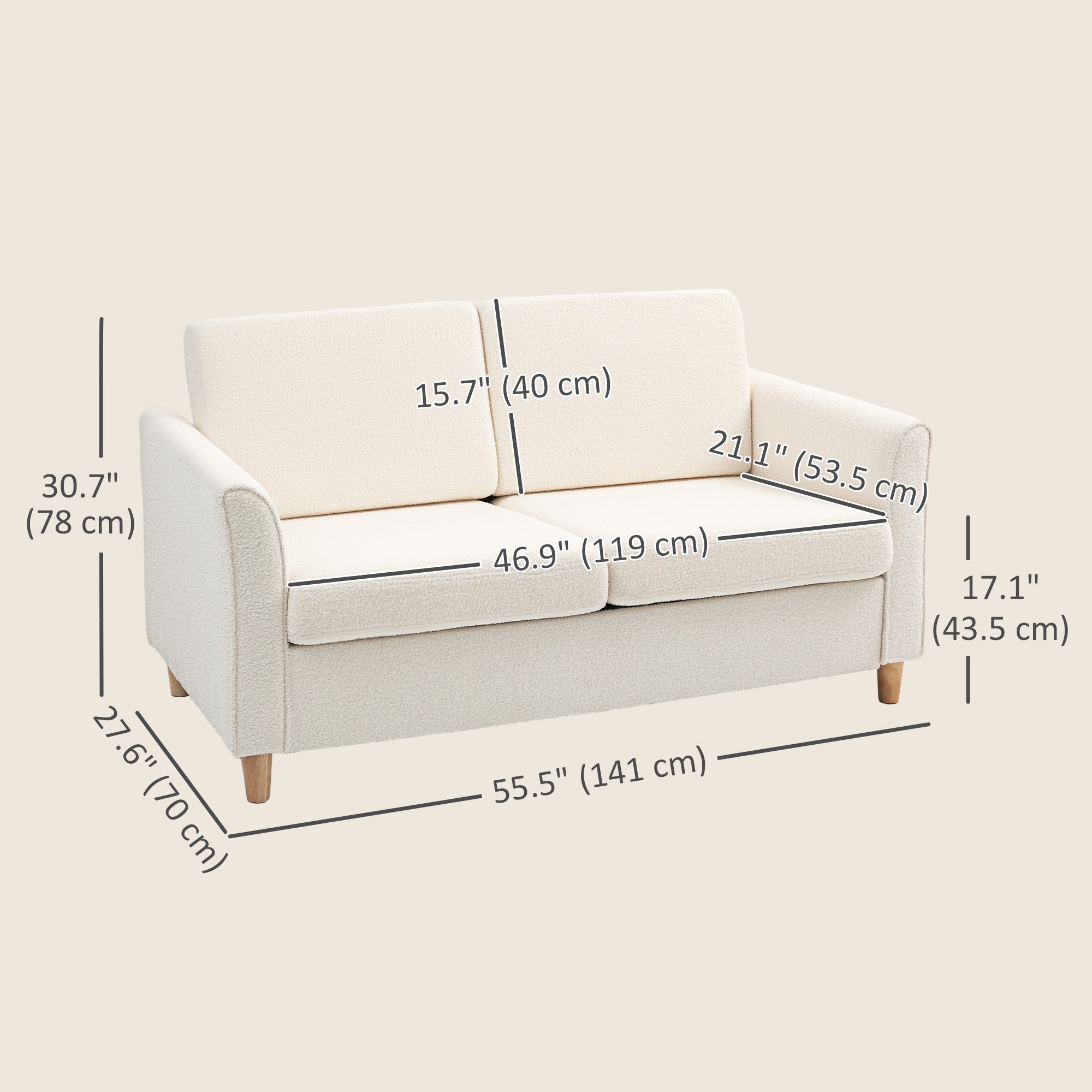 2-Seat Sofa Cream White Teddy Fleece-DECOROLALA