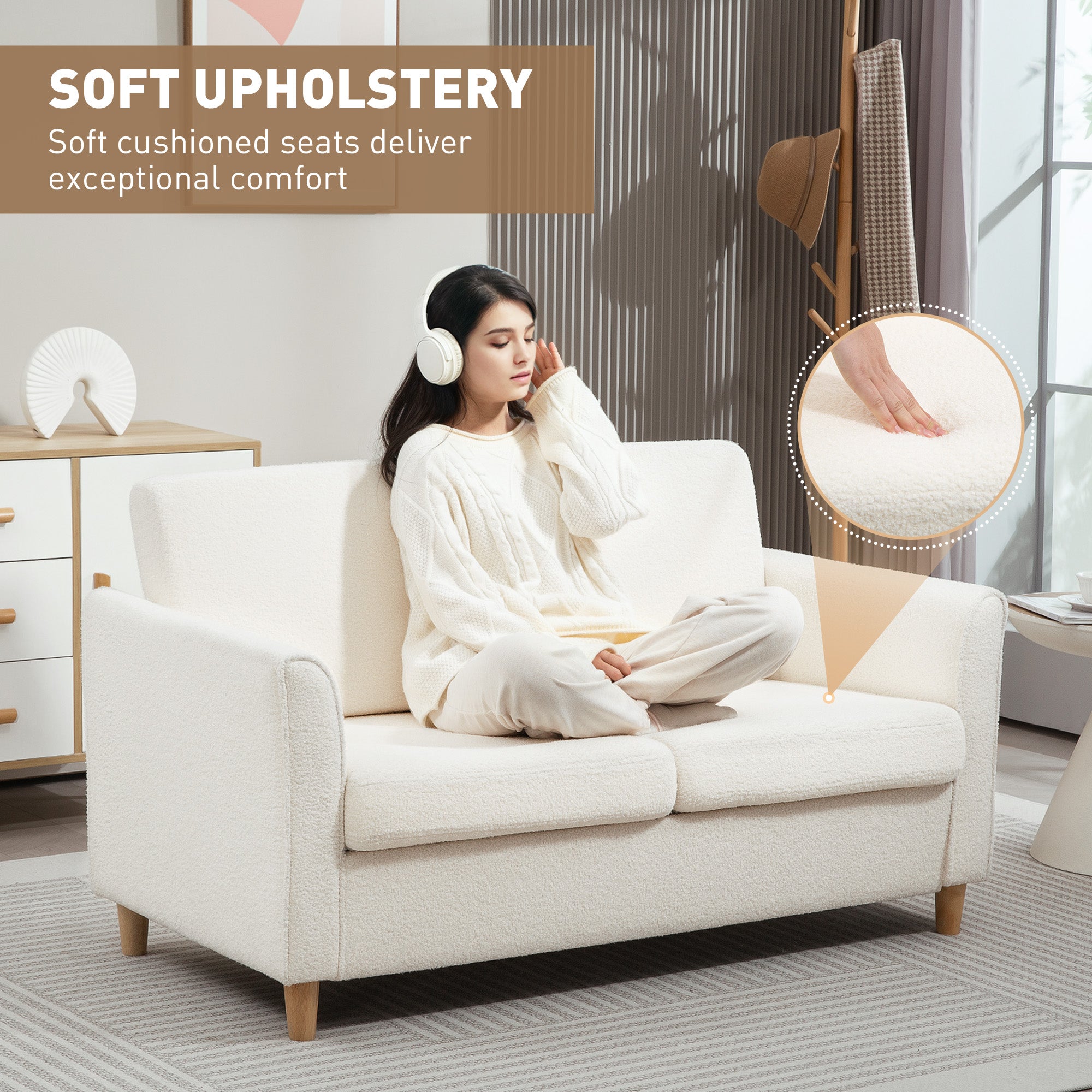 2-Seat Sofa Cream White Teddy Fleece-DECOROLALA