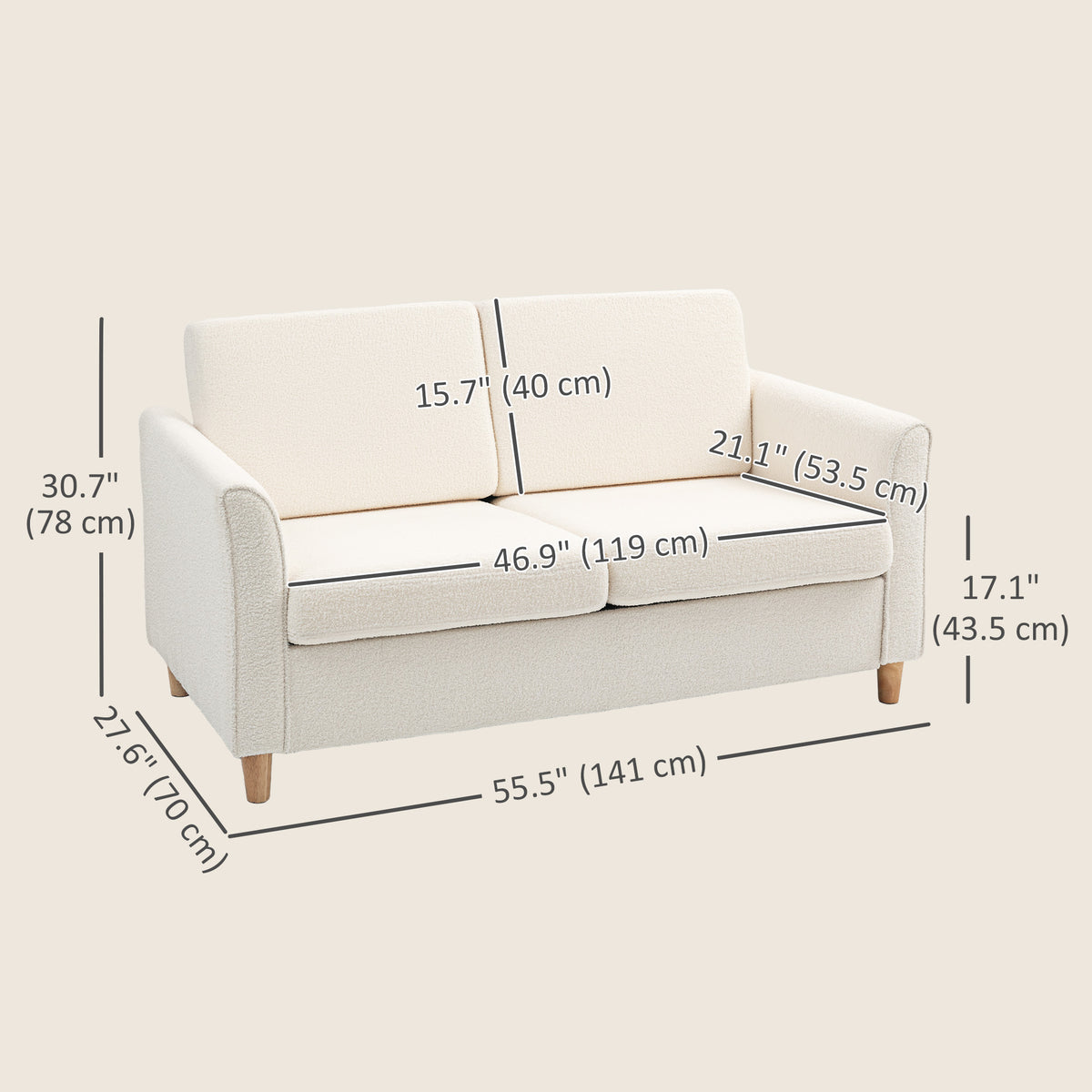 2-Seat Sofa Cream White Teddy Fleece-DECOROLALA