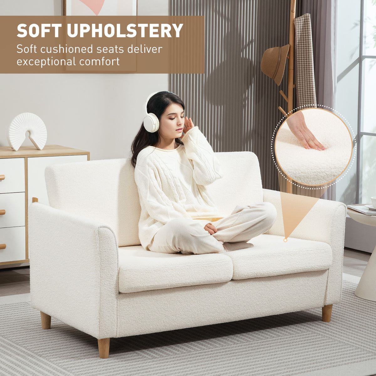 2-Seat Sofa Cream White Teddy Fleece-DECOROLALA