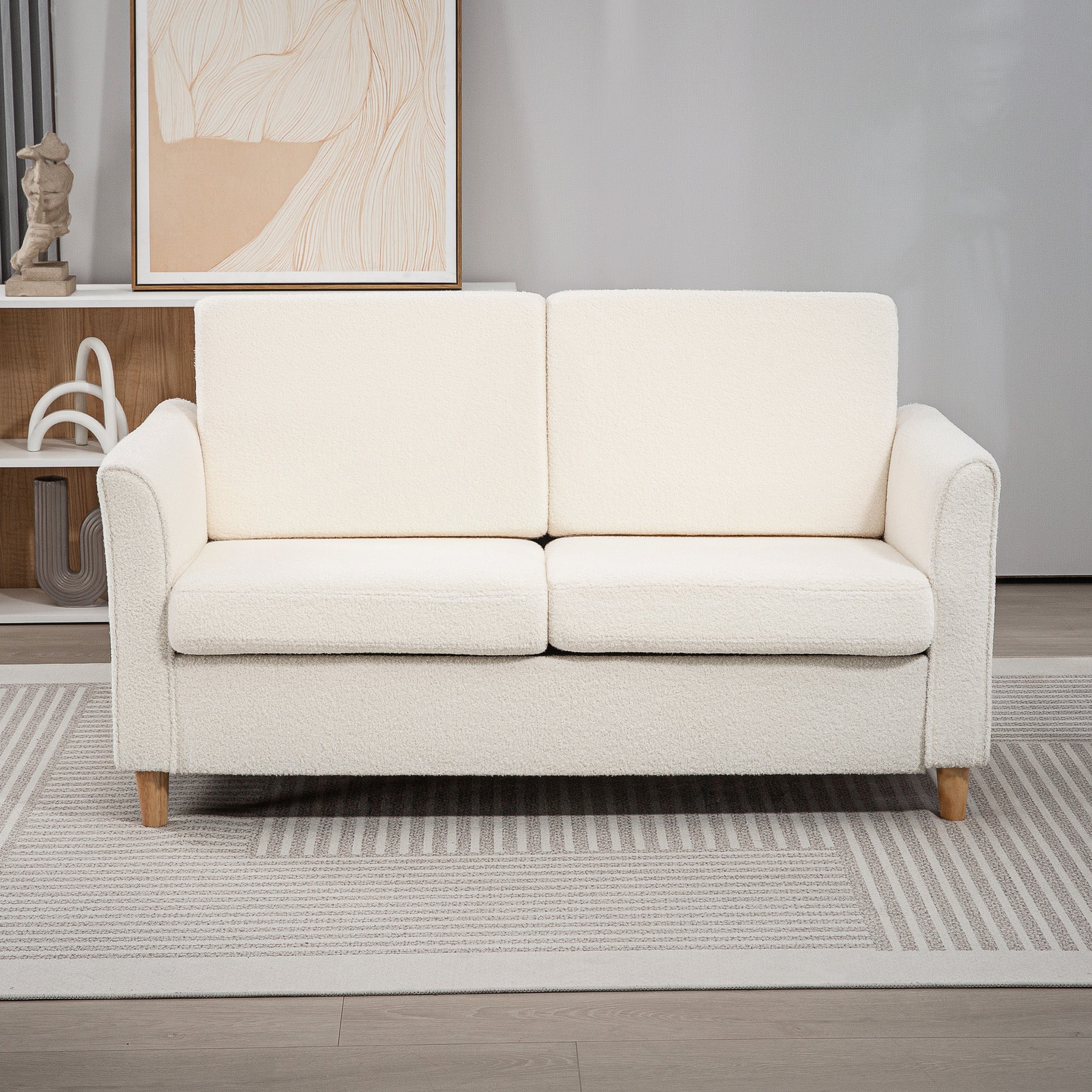 2-Seat Sofa Cream White Teddy Fleece-DECOROLALA