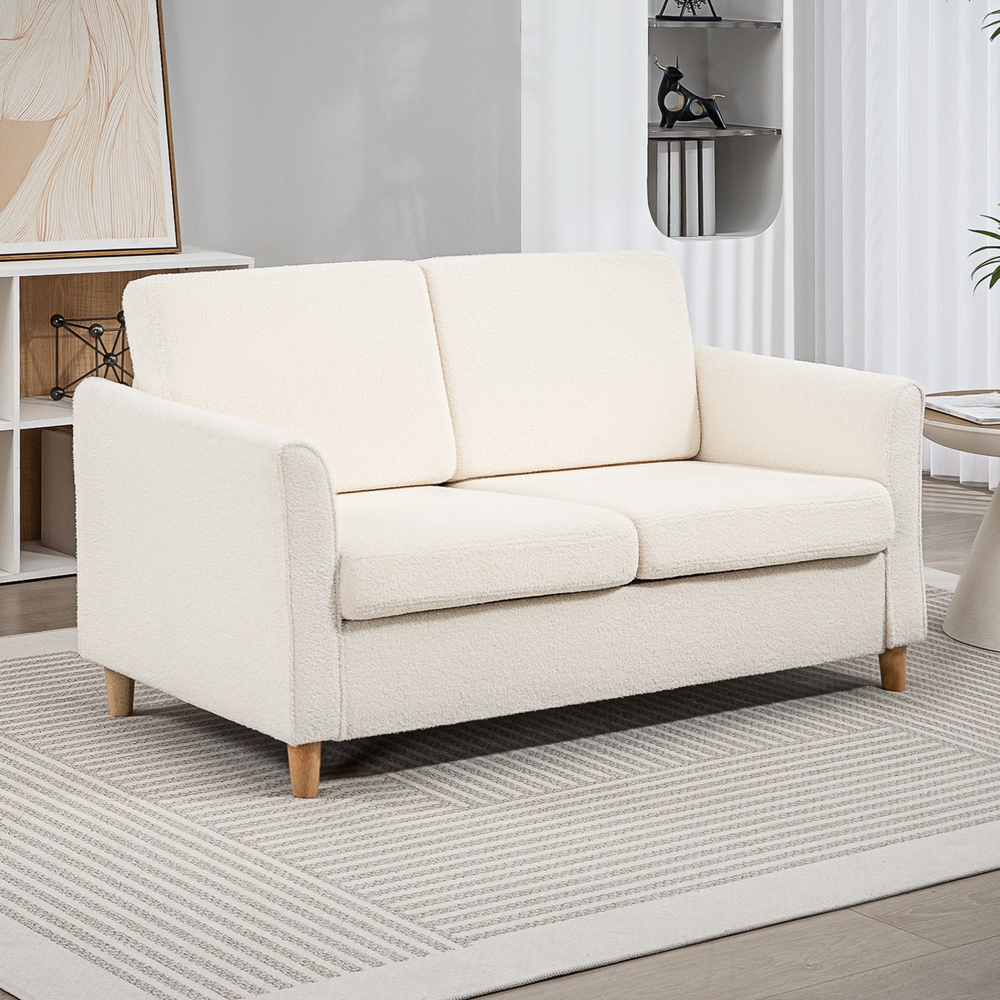2-Seat Sofa Cream White Teddy Fleece-DECOROLALA