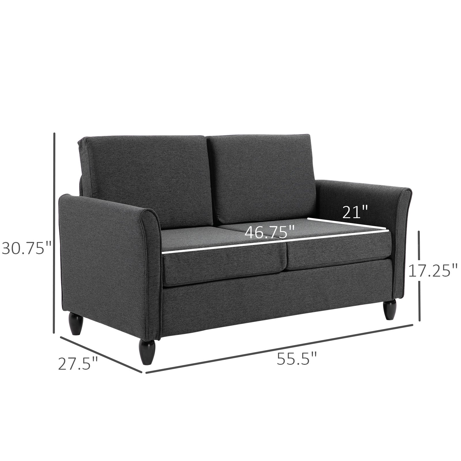 2-Seat Sofa Two-Seater Couch with Armrests and Wood Legs for Living Room, Bedroom, Dark Grey-DECOROLALA