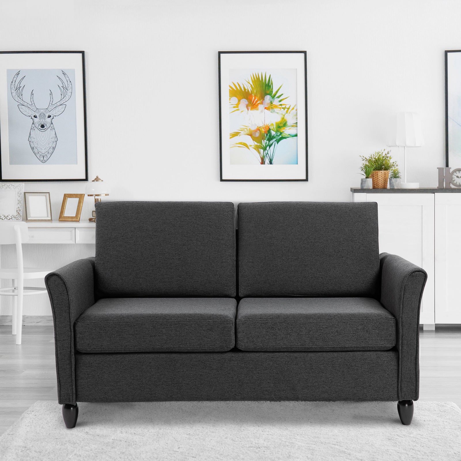 2-Seat Sofa Two-Seater Couch with Armrests and Wood Legs for Living Room, Bedroom, Dark Grey-DECOROLALA