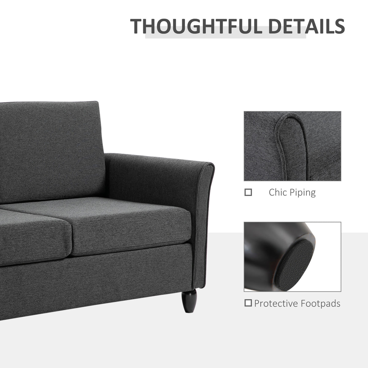 2-Seat Sofa Two-Seater Couch with Armrests and Wood Legs for Living Room, Bedroom, Dark Grey-DECOROLALA