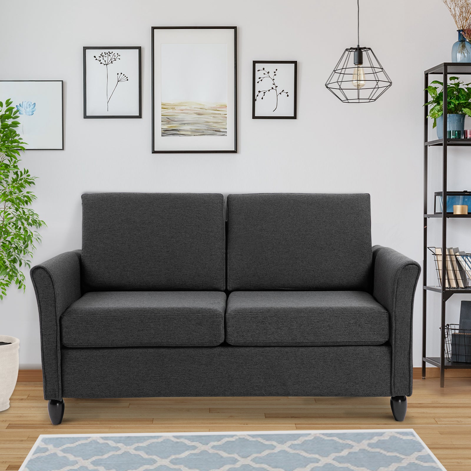 2-Seat Sofa Two-Seater Couch with Armrests and Wood Legs for Living Room, Bedroom, Dark Grey-DECOROLALA