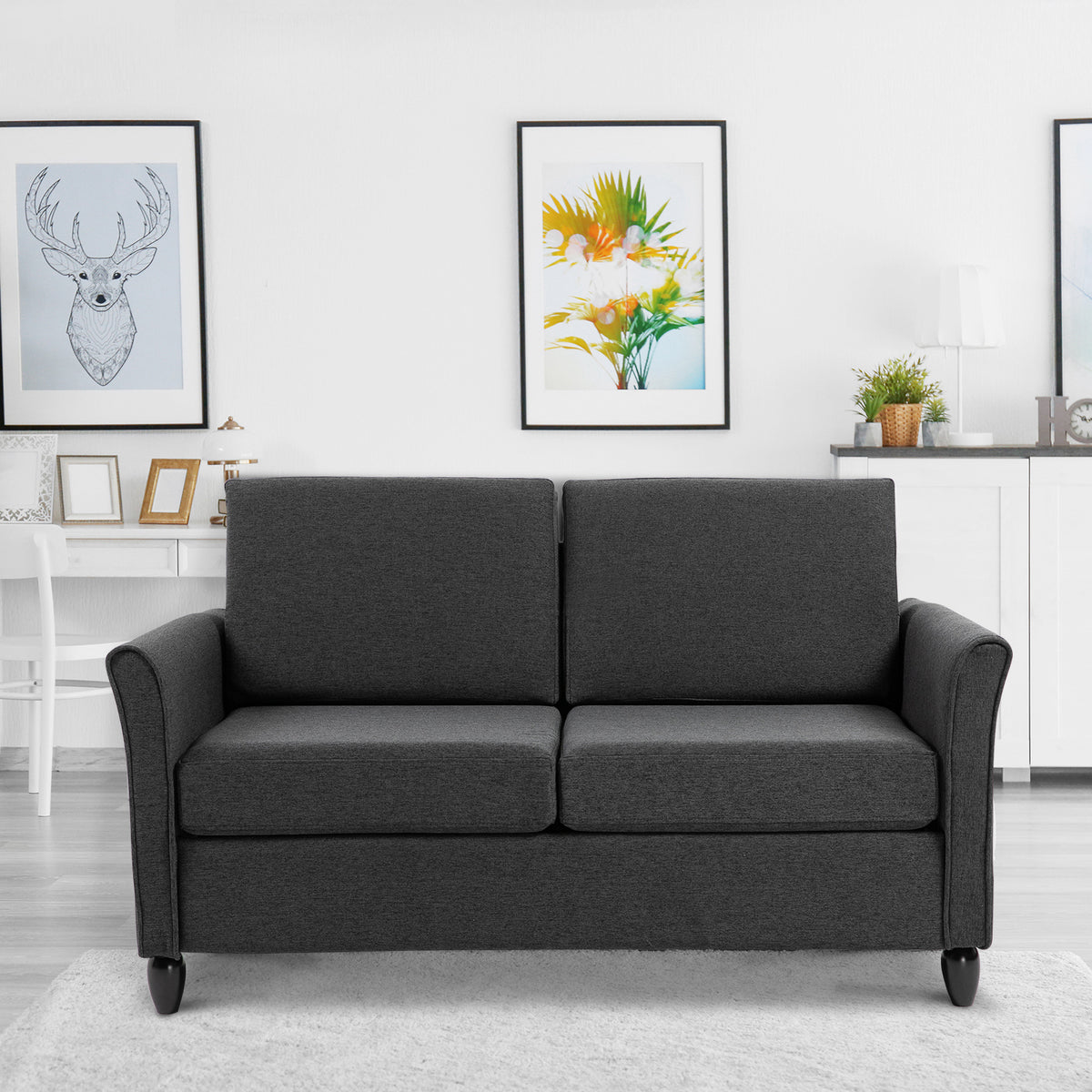 2-Seat Sofa Two-Seater Couch with Armrests and Wood Legs for Living Room, Bedroom, Dark Grey-DECOROLALA