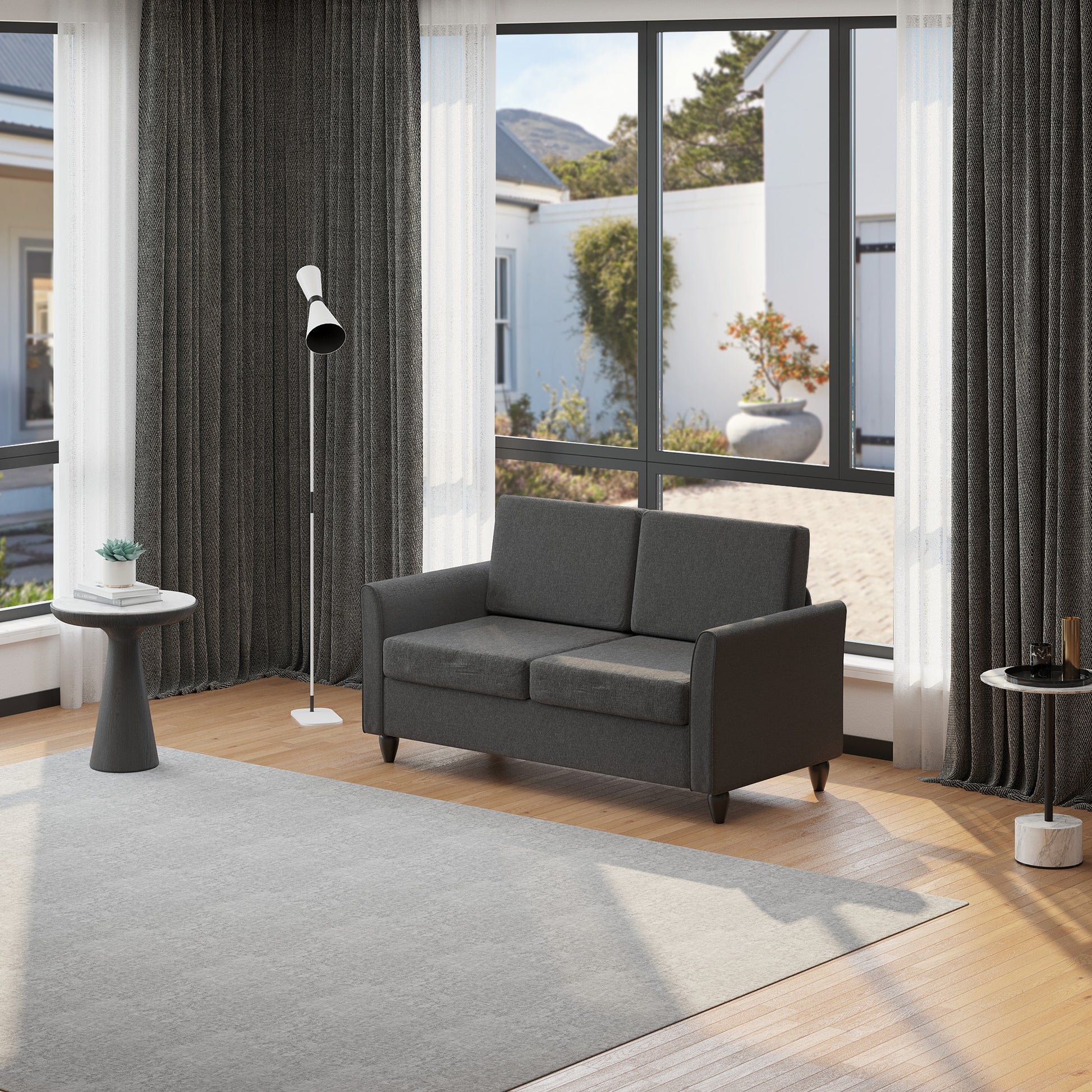 2-Seat Sofa Two-Seater Couch with Armrests and Wood Legs for Living Room, Bedroom, Dark Grey-DECOROLALA