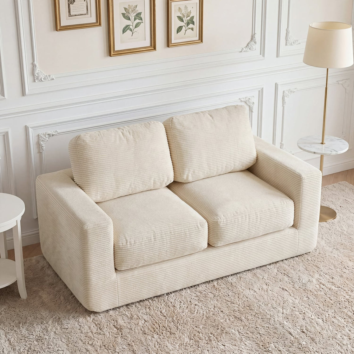 2-Seater Floor Couch Loveseat Foam Sofa with Removable Corduroy Cover-Beige-Sofas & Loveseats-DECOROLALA