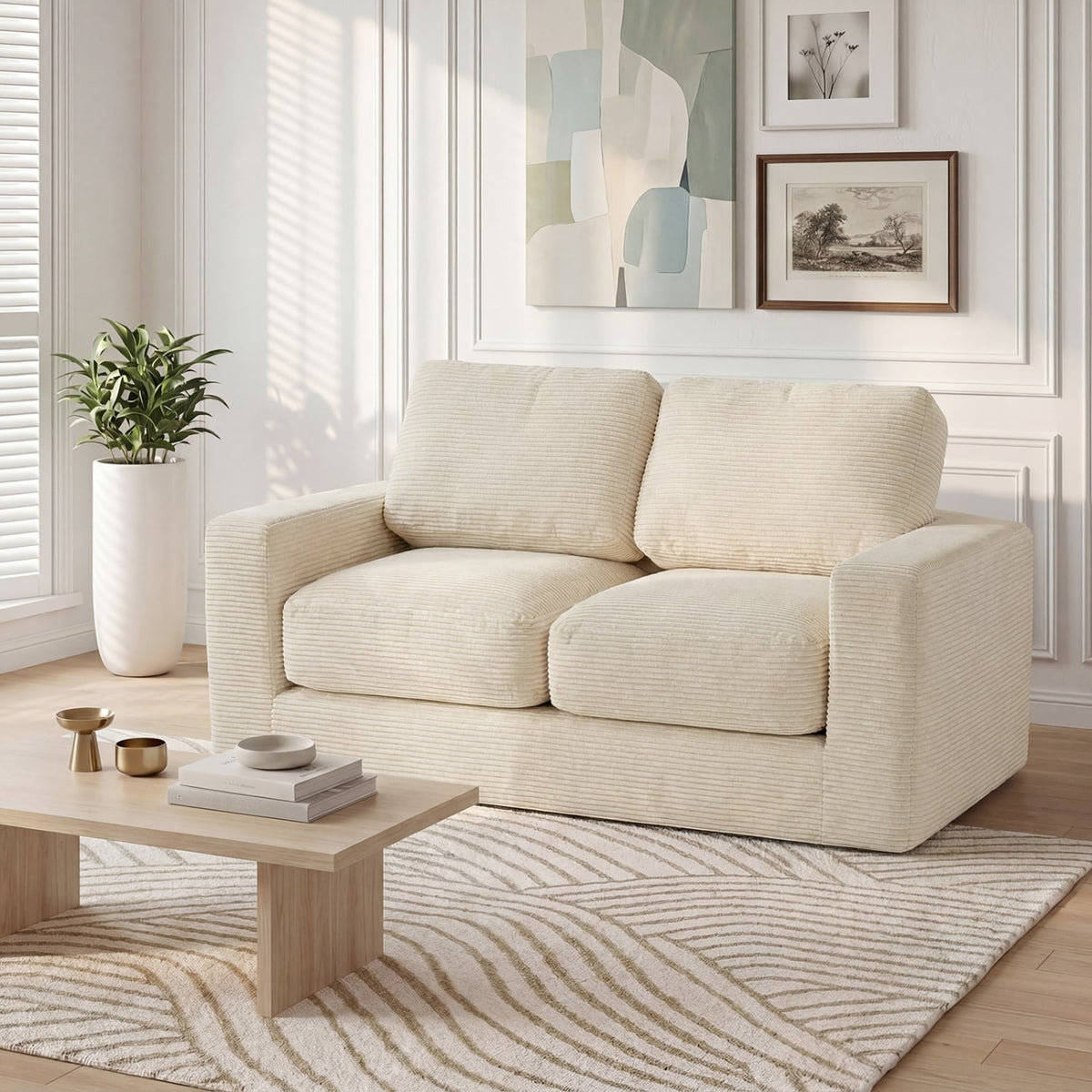 2-Seater Floor Couch Loveseat Foam Sofa with Removable Corduroy Cover-Beige-Sofas & Loveseats-DECOROLALA