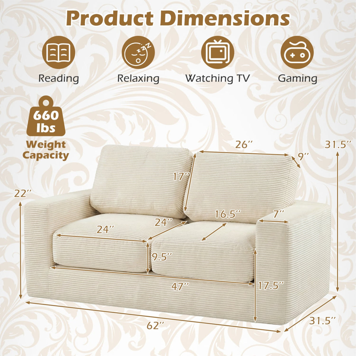 2-Seater Floor Couch Loveseat Foam Sofa with Removable Corduroy Cover-Beige-Sofas & Loveseats-DECOROLALA