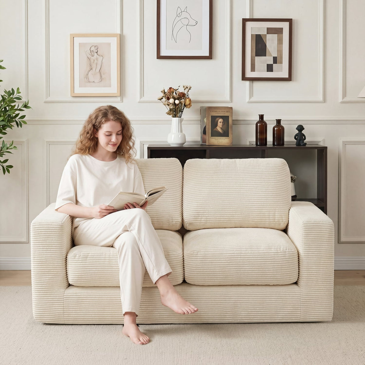 2-Seater Floor Couch Loveseat Foam Sofa with Removable Corduroy Cover-Beige-Sofas & Loveseats-DECOROLALA