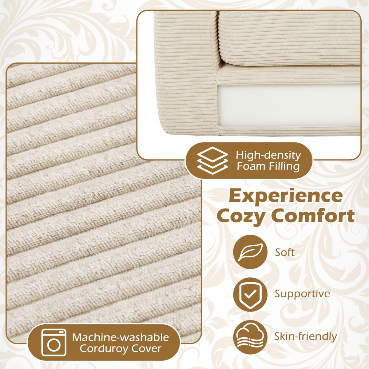 2-Seater Floor Couch Loveseat Foam Sofa with Removable Corduroy Cover-Beige-Sofas & Loveseats-DECOROLALA