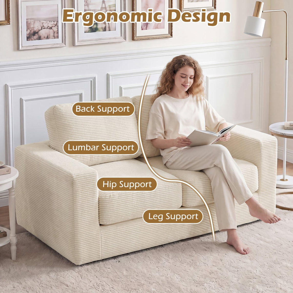 2-Seater Floor Couch Loveseat Foam Sofa with Removable Corduroy Cover-Beige-Sofas & Loveseats-DECOROLALA