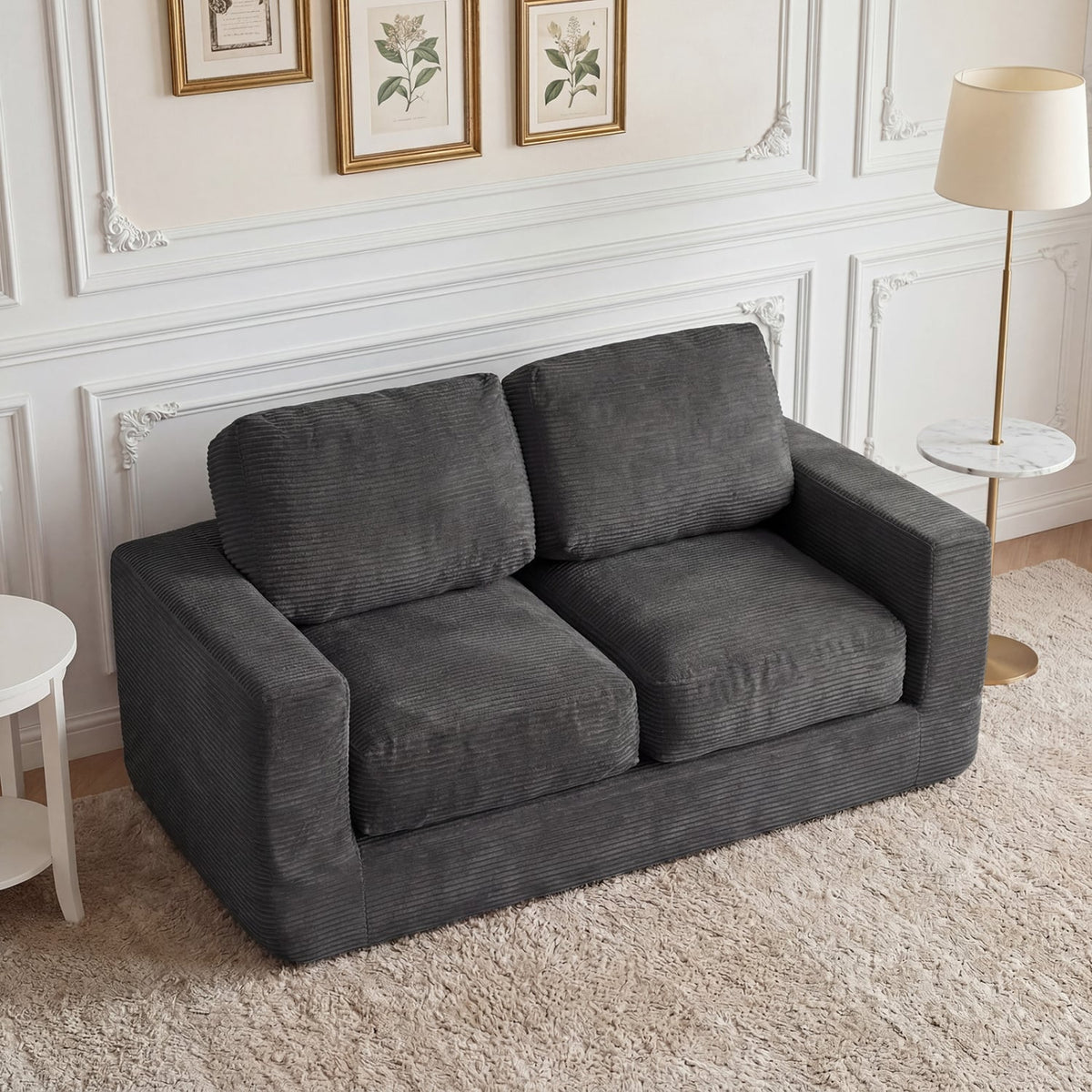 2-Seater Floor Couch Loveseat Foam Sofa with Removable Corduroy Cover-Black-Sofas & Loveseats-DECOROLALA