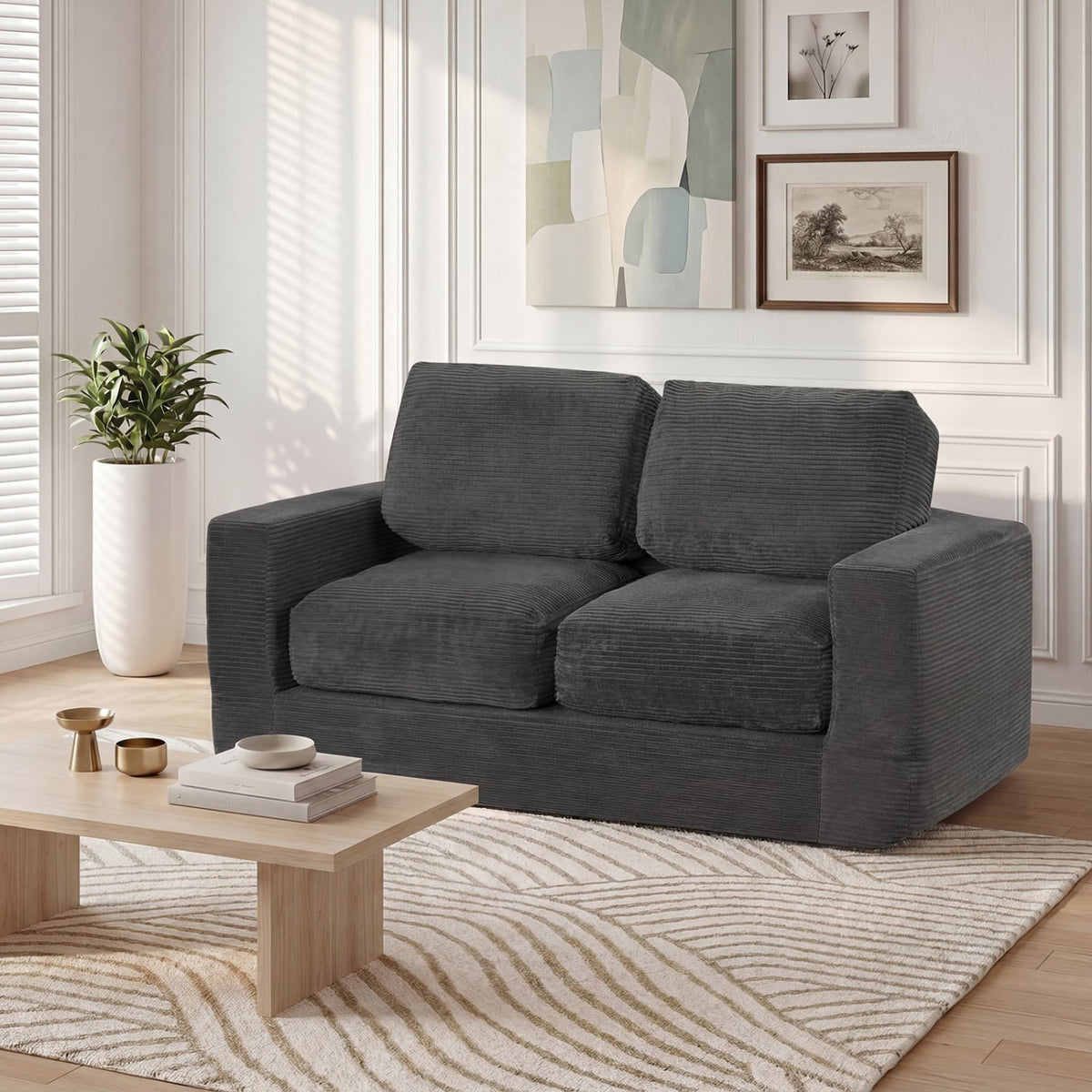 2-Seater Floor Couch Loveseat Foam Sofa with Removable Corduroy Cover-Black-Sofas & Loveseats-DECOROLALA