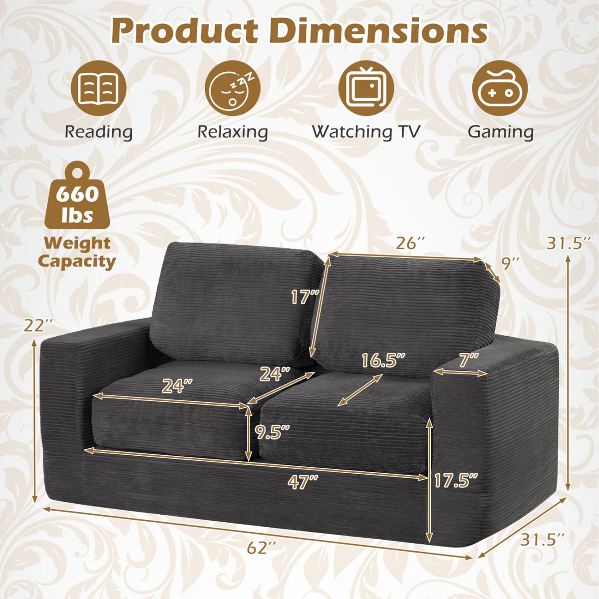 2-Seater Floor Couch Loveseat Foam Sofa with Removable Corduroy Cover-Black-Sofas & Loveseats-DECOROLALA