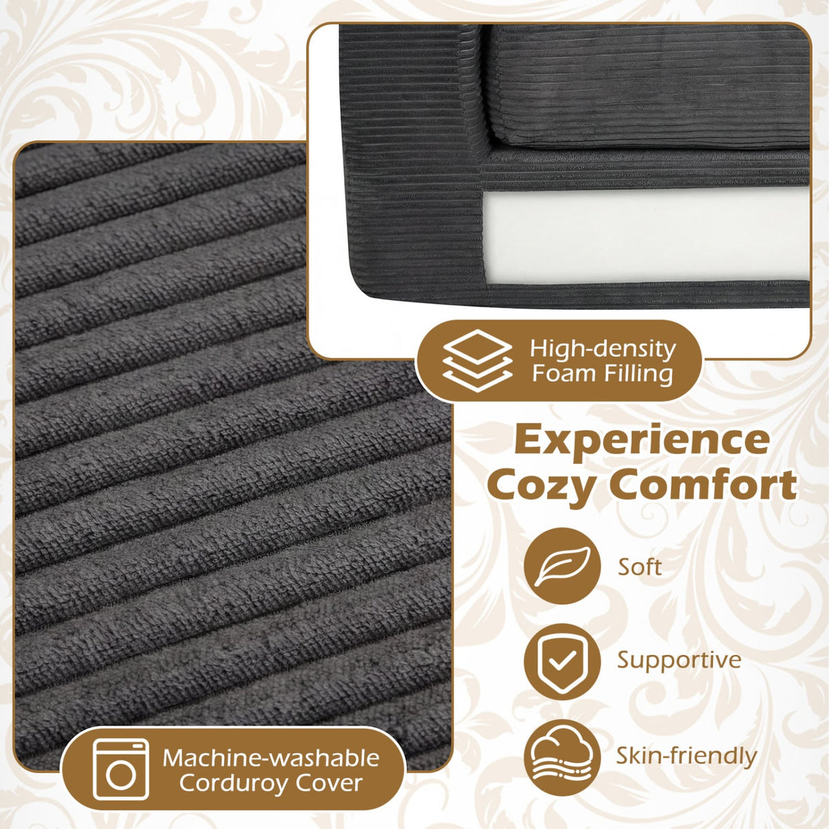 2-Seater Floor Couch Loveseat Foam Sofa with Removable Corduroy Cover-Black-Sofas & Loveseats-DECOROLALA