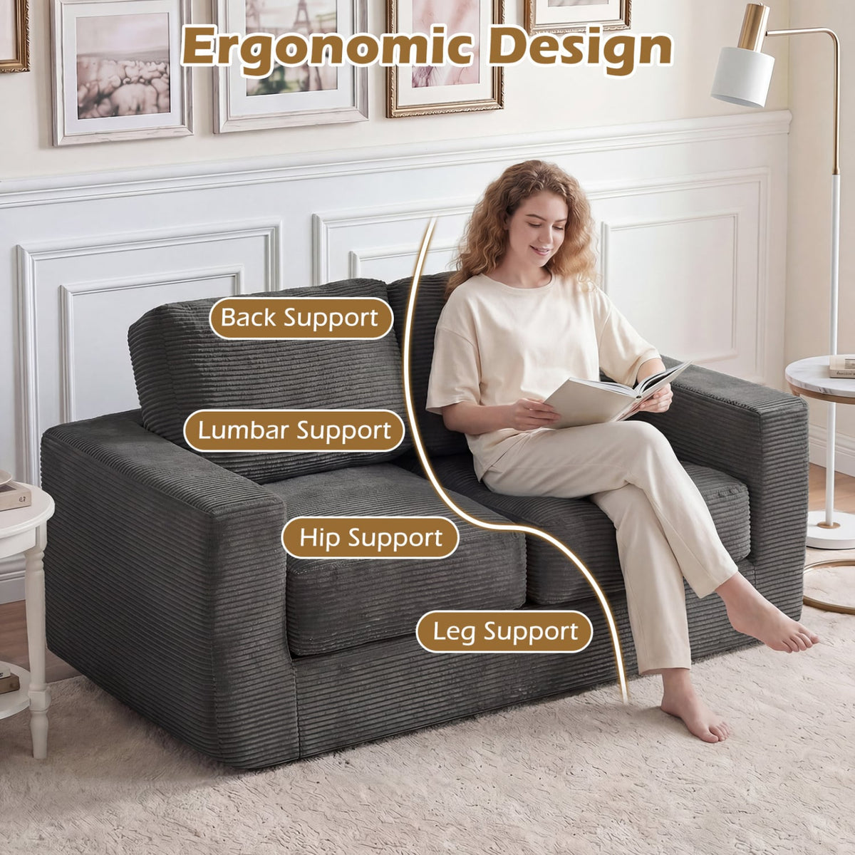 2-Seater Floor Couch Loveseat Foam Sofa with Removable Corduroy Cover-Black-Sofas & Loveseats-DECOROLALA