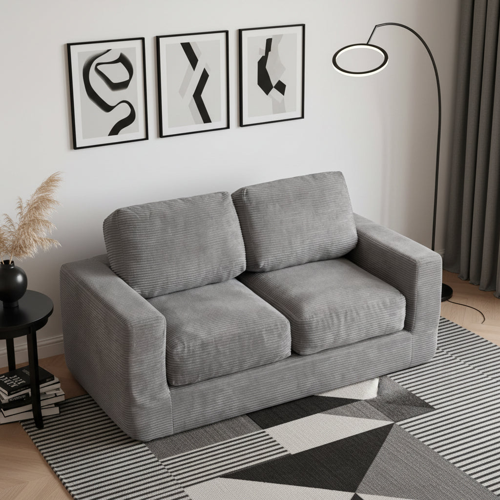 2-Seater Floor Couch Loveseat Foam Sofa with Removable Corduroy Cover-Gray-Sofas & Loveseats-DECOROLALA