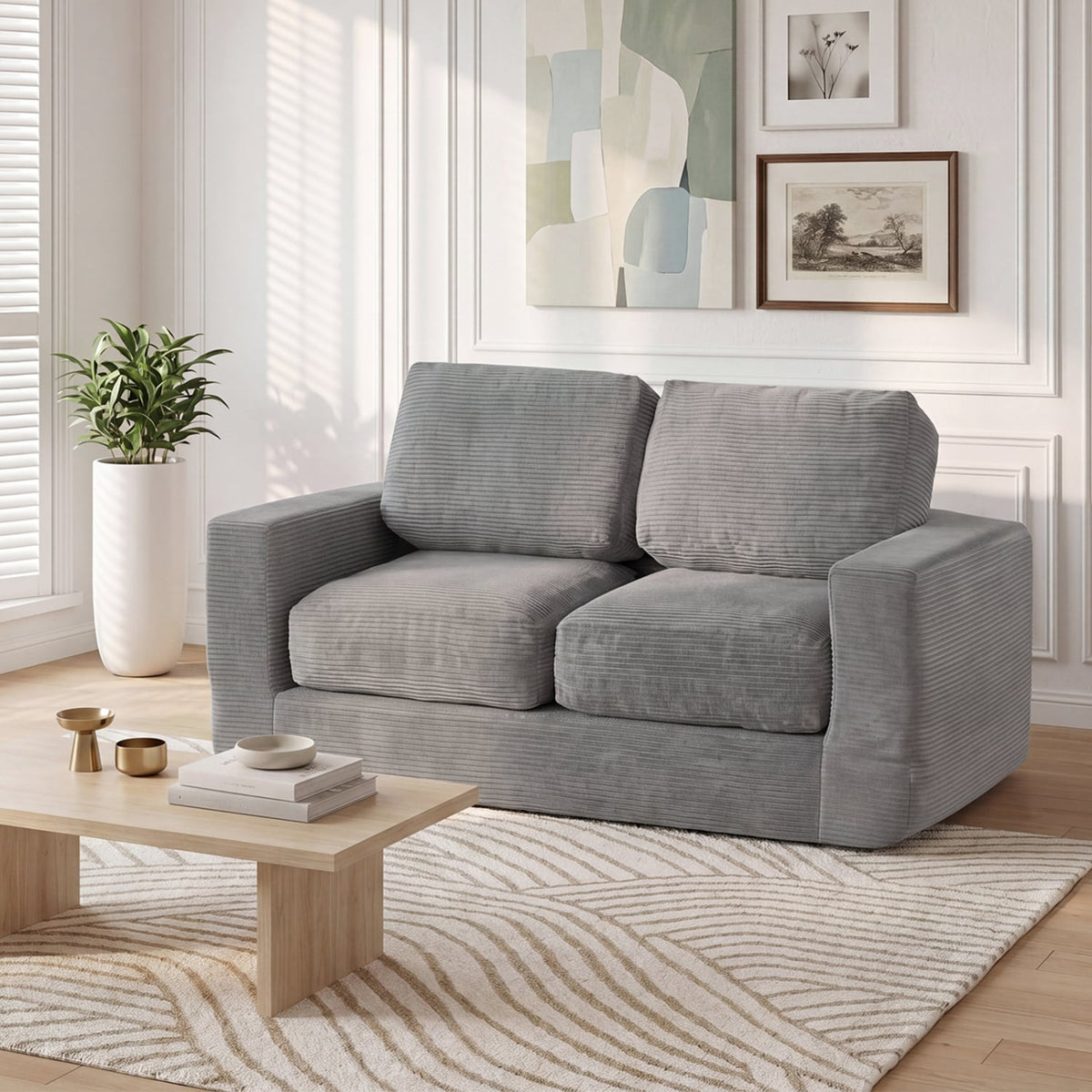 2-Seater Floor Couch Loveseat Foam Sofa with Removable Corduroy Cover-Gray-Sofas & Loveseats-DECOROLALA
