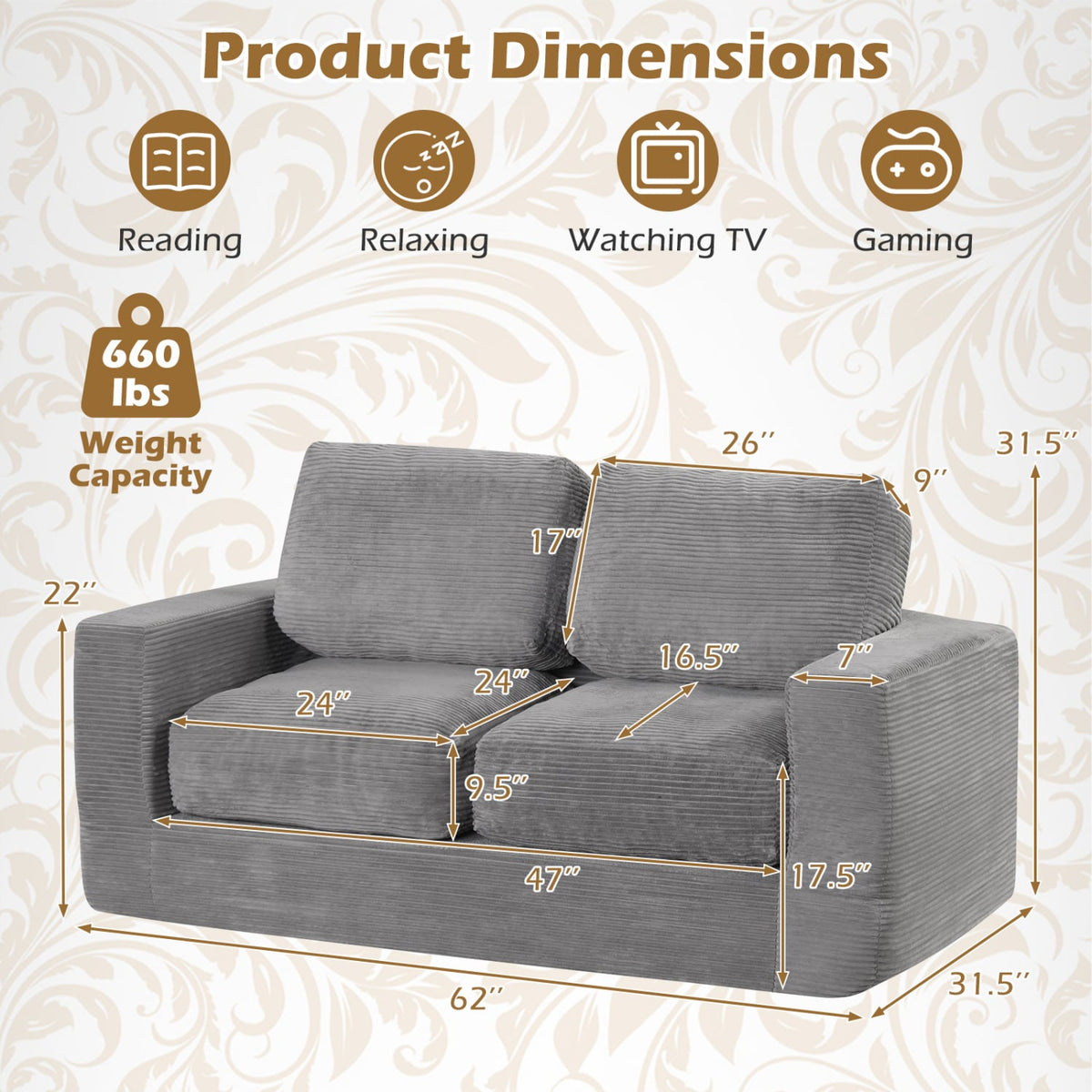 2-Seater Floor Couch Loveseat Foam Sofa with Removable Corduroy Cover-Gray-Sofas & Loveseats-DECOROLALA