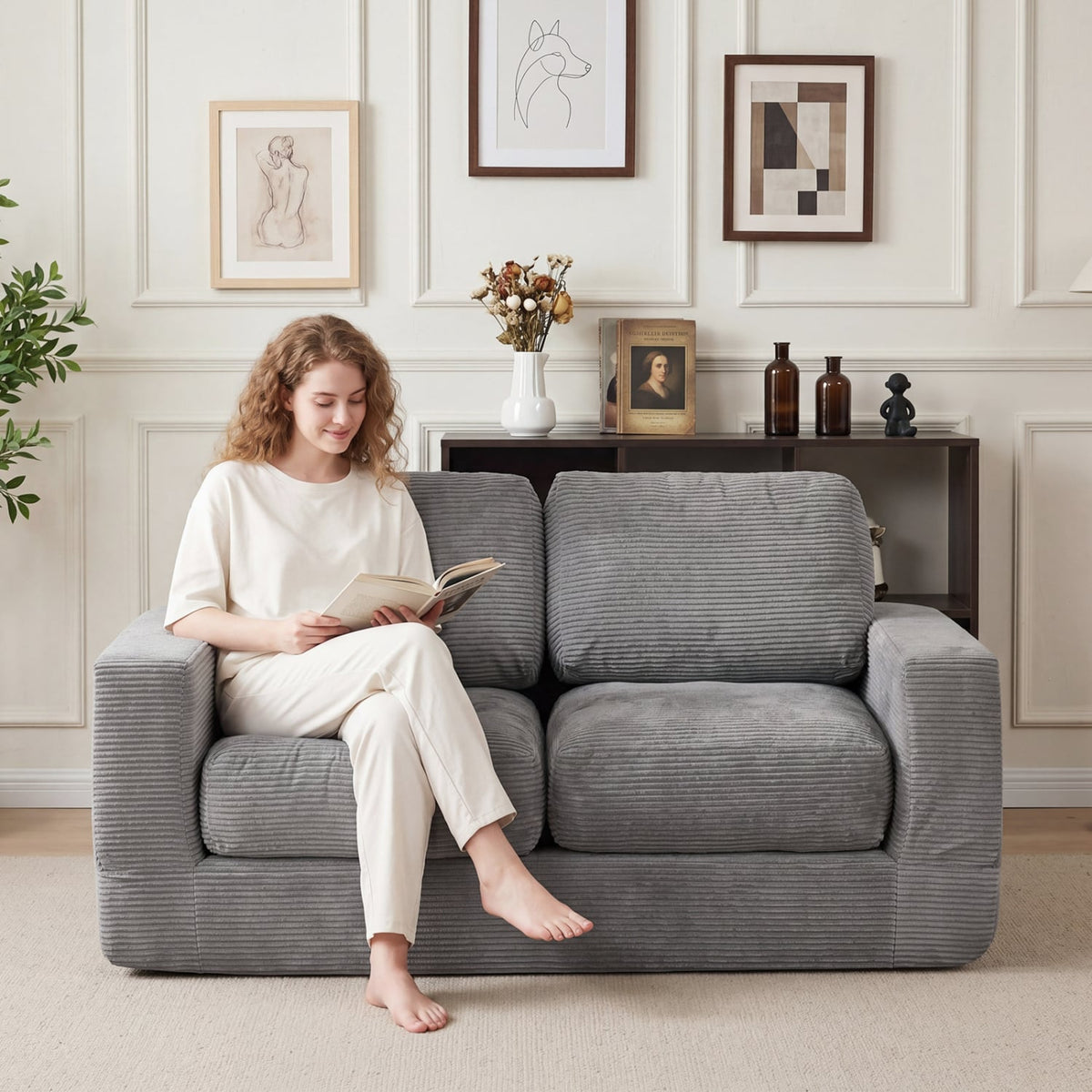 2-Seater Floor Couch Loveseat Foam Sofa with Removable Corduroy Cover-Gray-Sofas & Loveseats-DECOROLALA