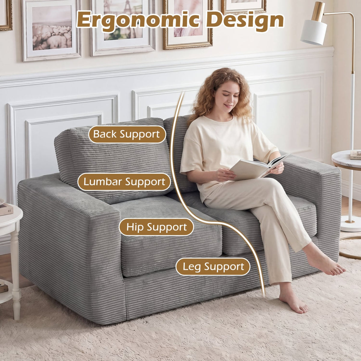 2-Seater Floor Couch Loveseat Foam Sofa with Removable Corduroy Cover-Gray-Sofas & Loveseats-DECOROLALA