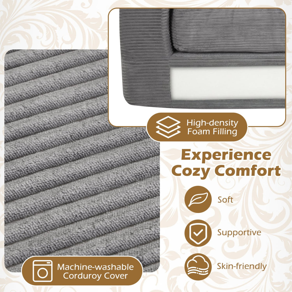 2-Seater Floor Couch Loveseat Foam Sofa with Removable Corduroy Cover-Gray-Sofas & Loveseats-DECOROLALA