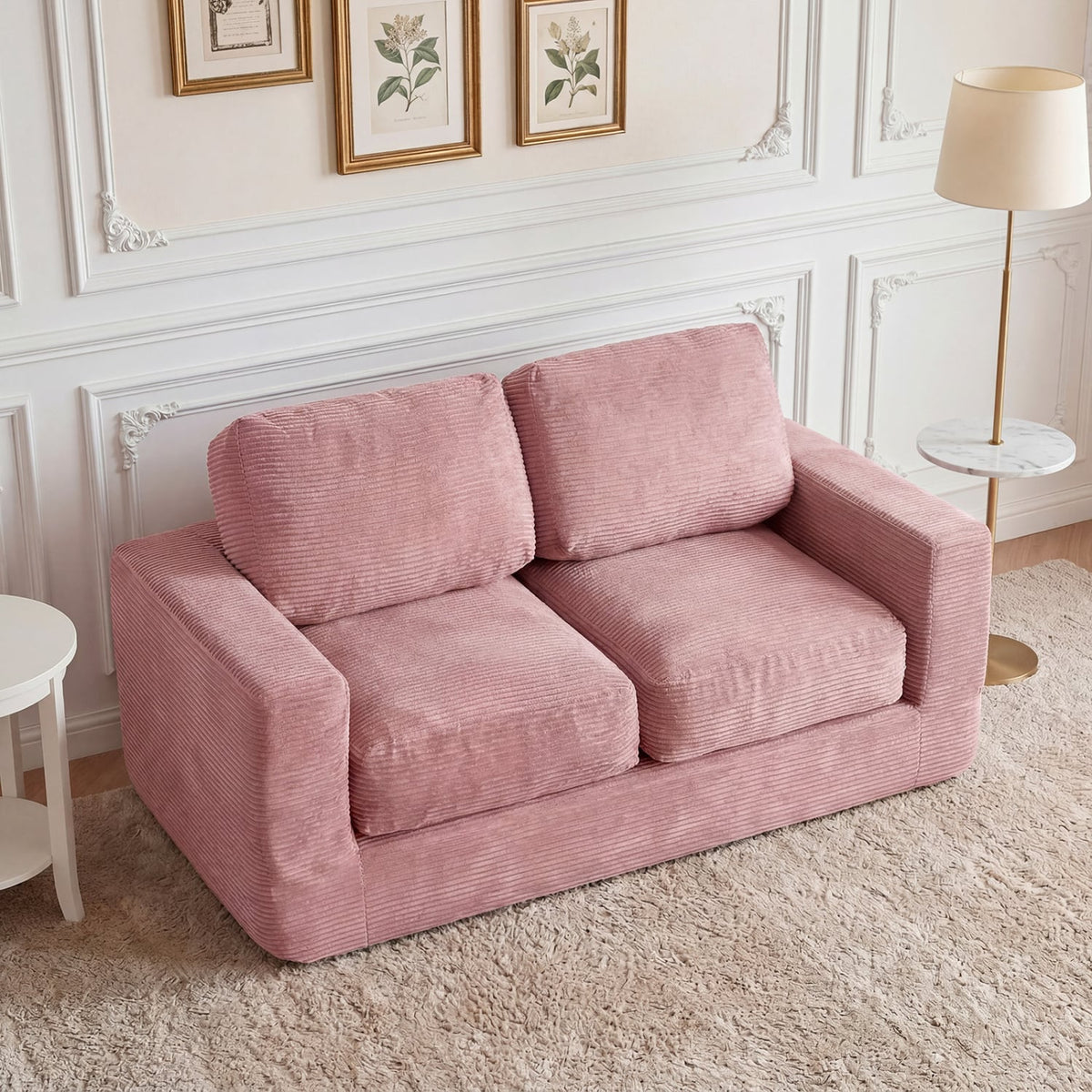 2-Seater Floor Couch Loveseat Foam Sofa with Removable Corduroy Cover-Pink-Sofas & Loveseats-DECOROLALA