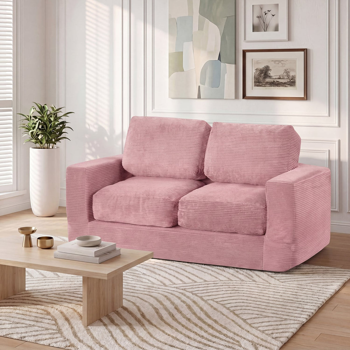2-Seater Floor Couch Loveseat Foam Sofa with Removable Corduroy Cover-Pink-Sofas & Loveseats-DECOROLALA