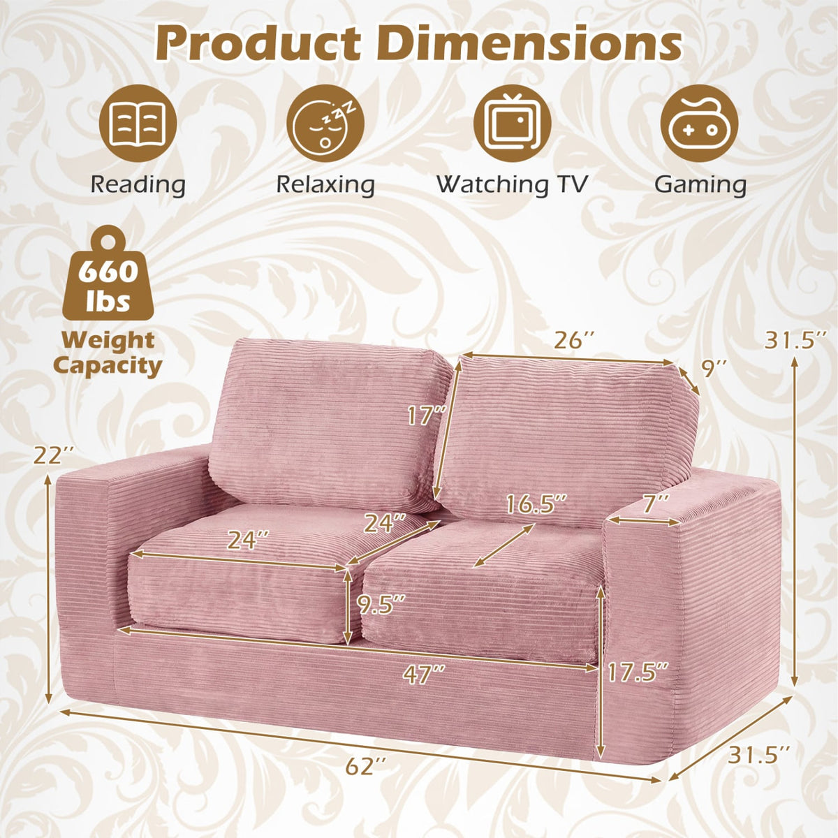 2-Seater Floor Couch Loveseat Foam Sofa with Removable Corduroy Cover-Pink-Sofas & Loveseats-DECOROLALA