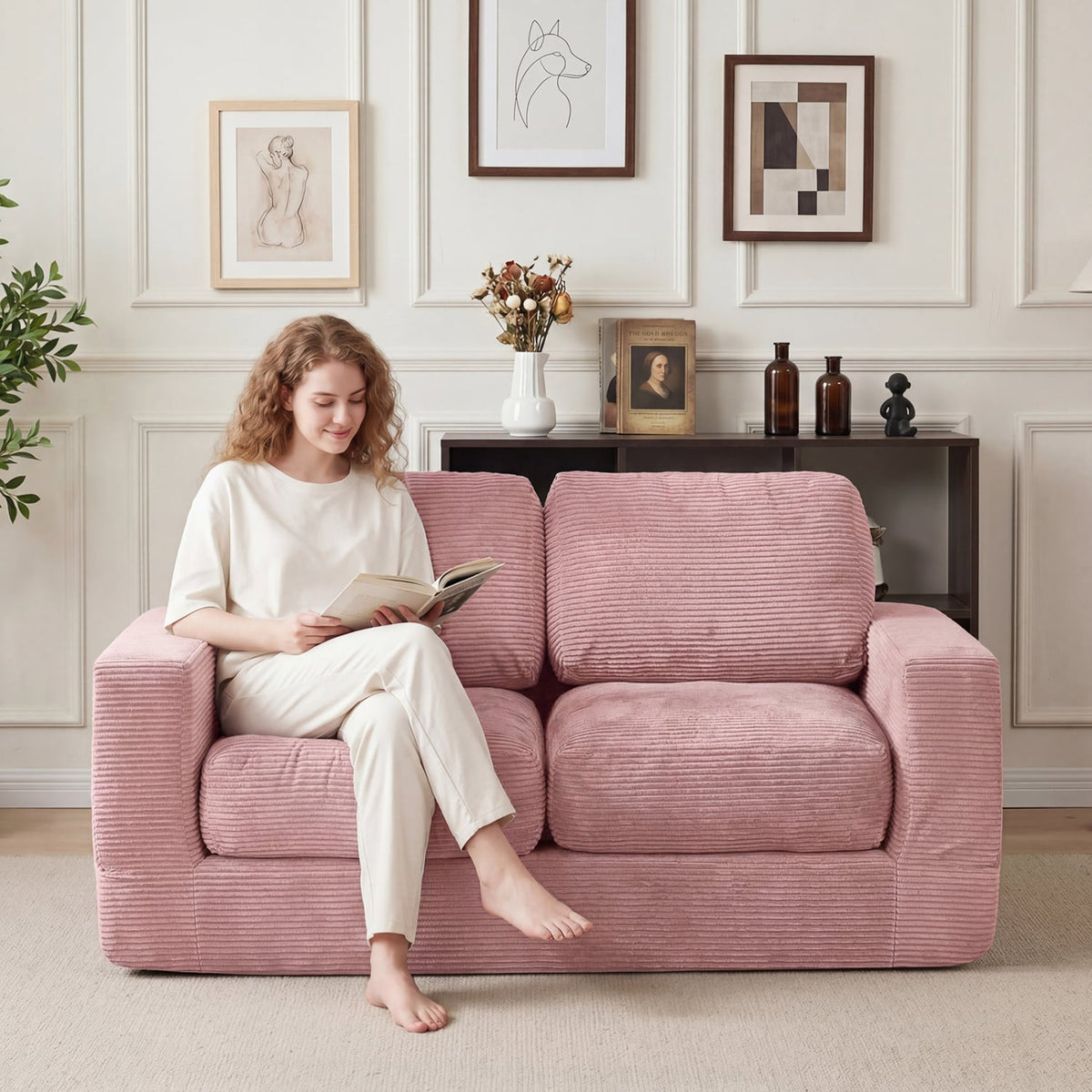 2-Seater Floor Couch Loveseat Foam Sofa with Removable Corduroy Cover-Pink-Sofas & Loveseats-DECOROLALA