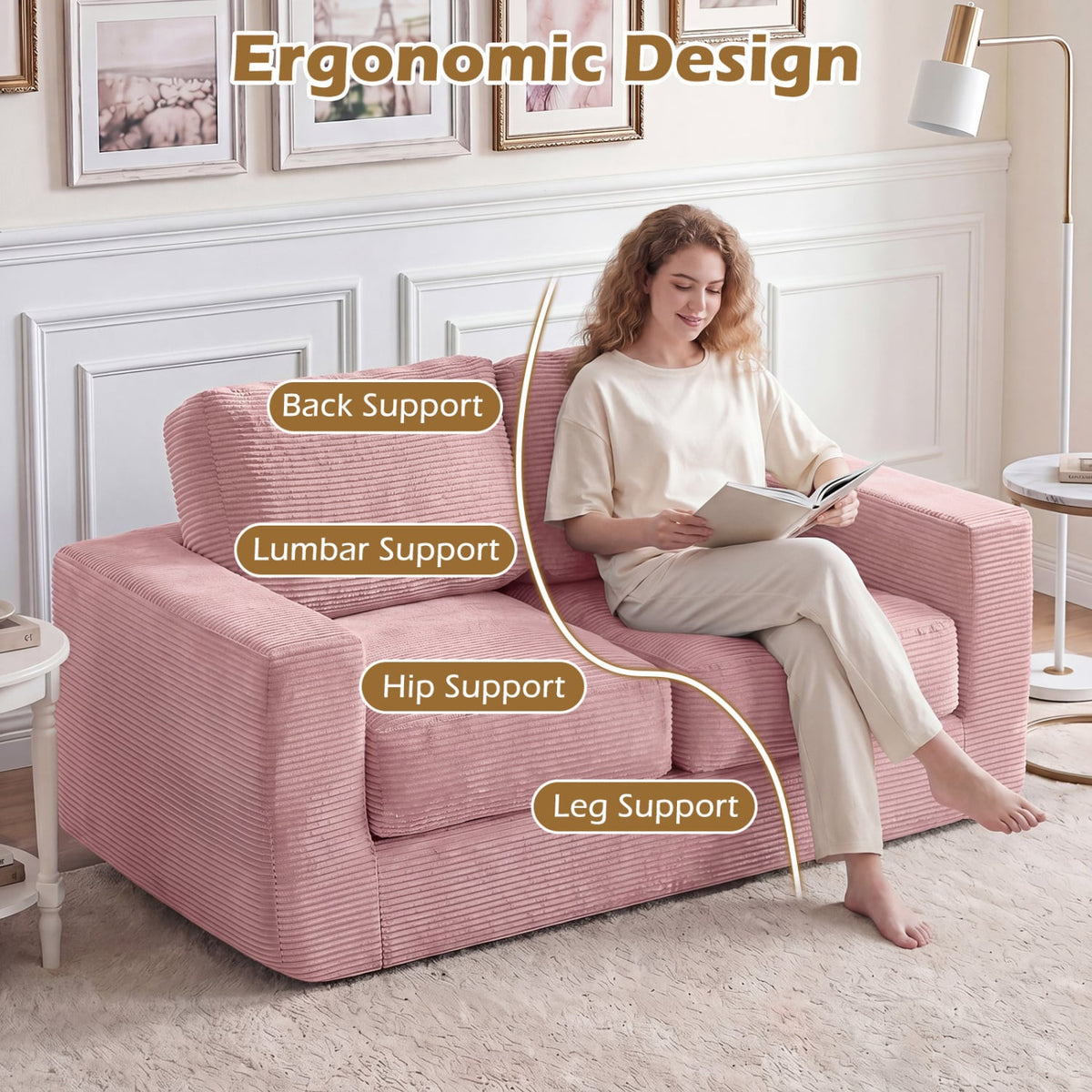 2-Seater Floor Couch Loveseat Foam Sofa with Removable Corduroy Cover-Pink-Sofas & Loveseats-DECOROLALA