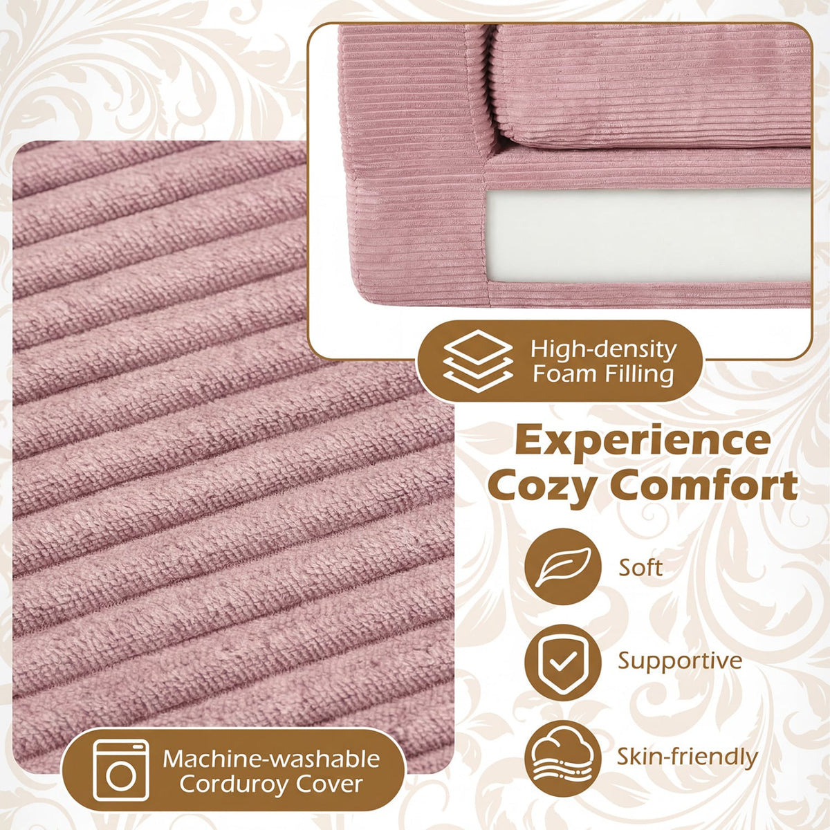 2-Seater Floor Couch Loveseat Foam Sofa with Removable Corduroy Cover-Pink-Sofas & Loveseats-DECOROLALA