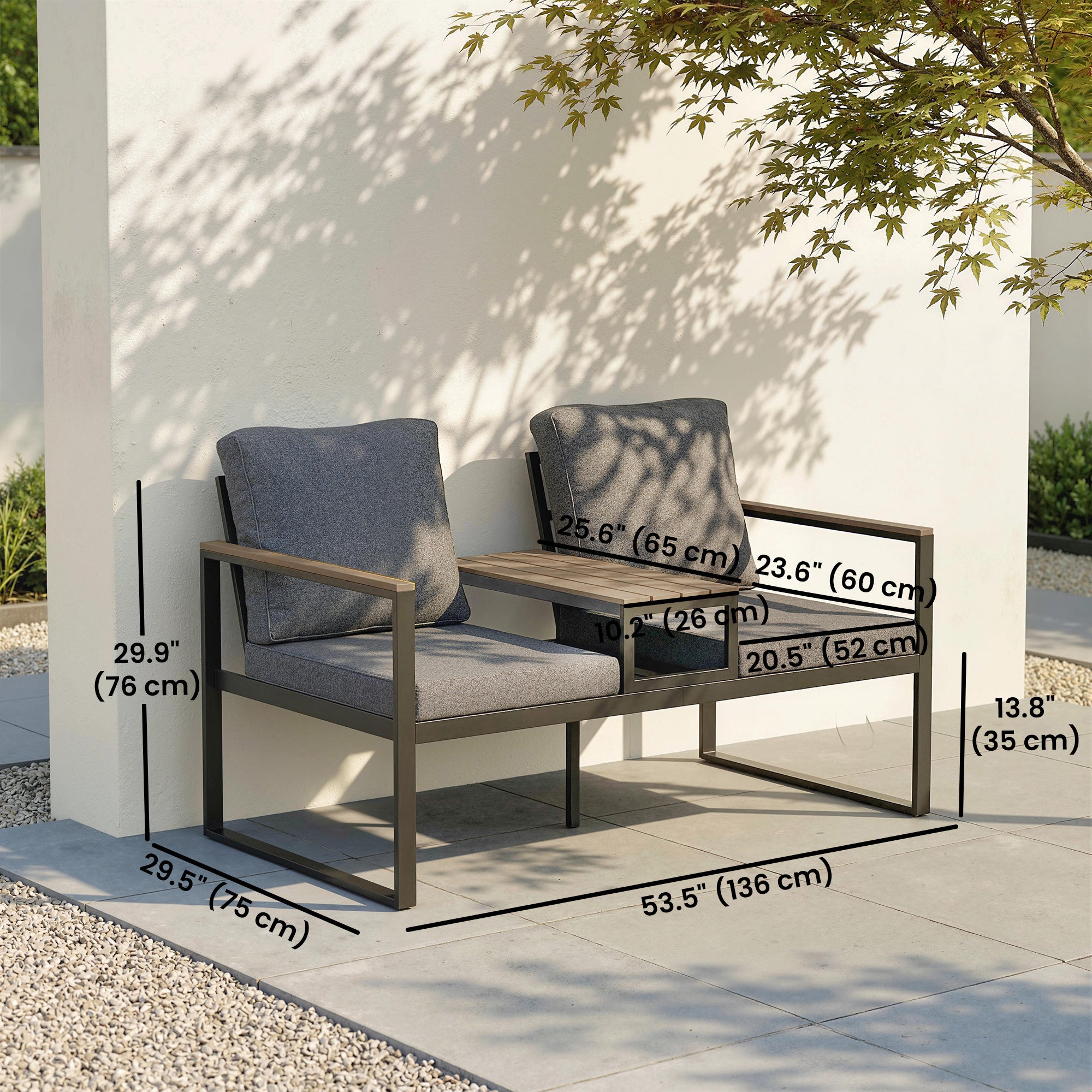 2 Seater Garden Bench with Integrated Table - Grey 136cm-DECOROLALA